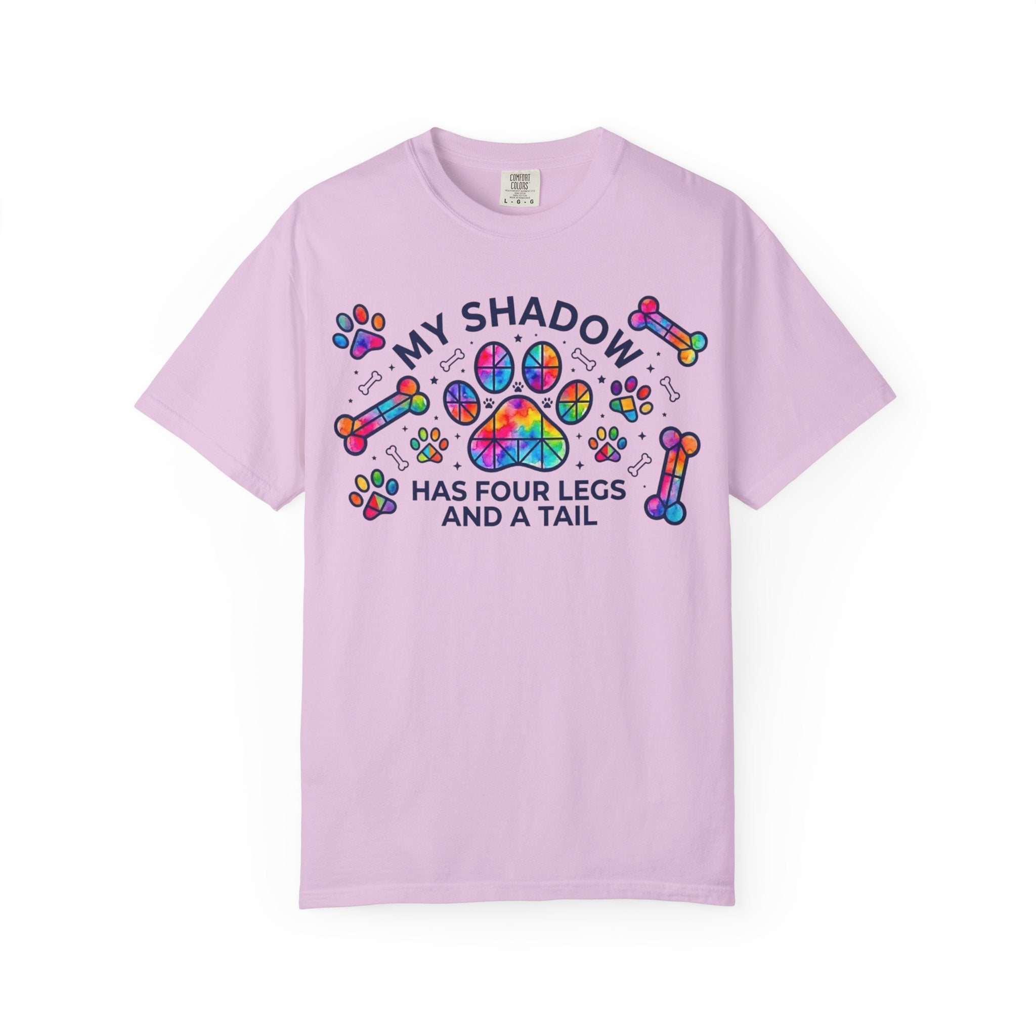 My Shadow Has Four Legs And A Tail T-Shirt Colorful Paw Print Dog Lover Tee
