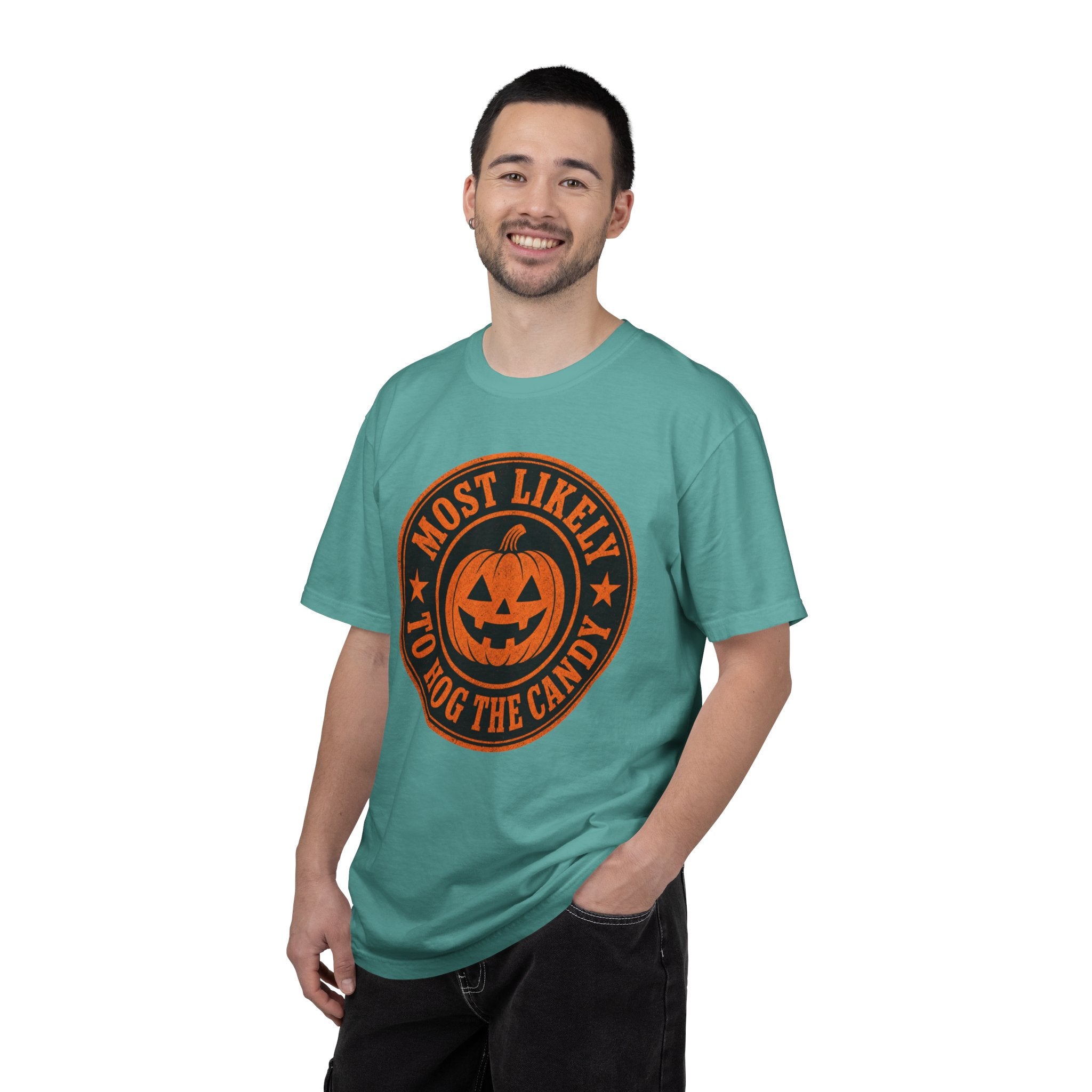Most Likely to Hog the Candy Halloween T Shirt Jack-O Lantern Pumpkin Graphic Tee