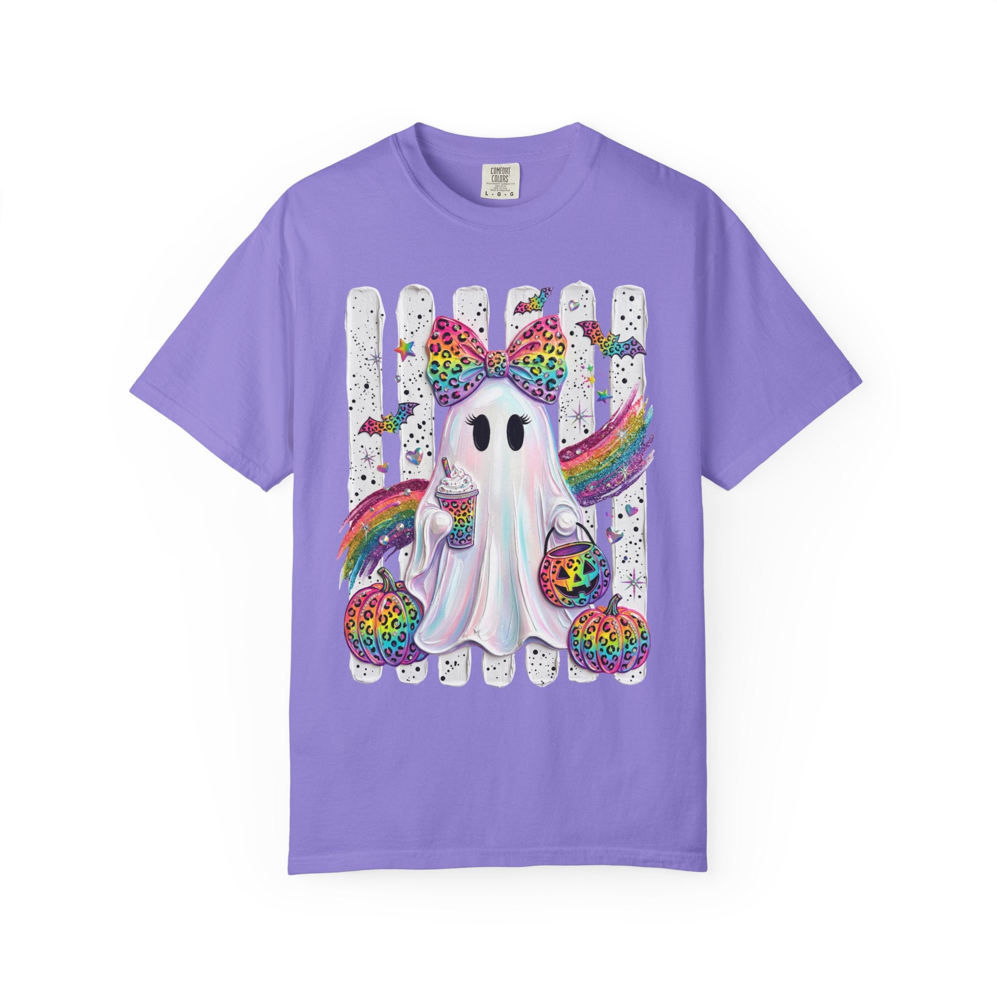 Halloween Rainbow Ghost T Shirt Cute Glittery Ghost with Rainbow Bow and Pumpkins