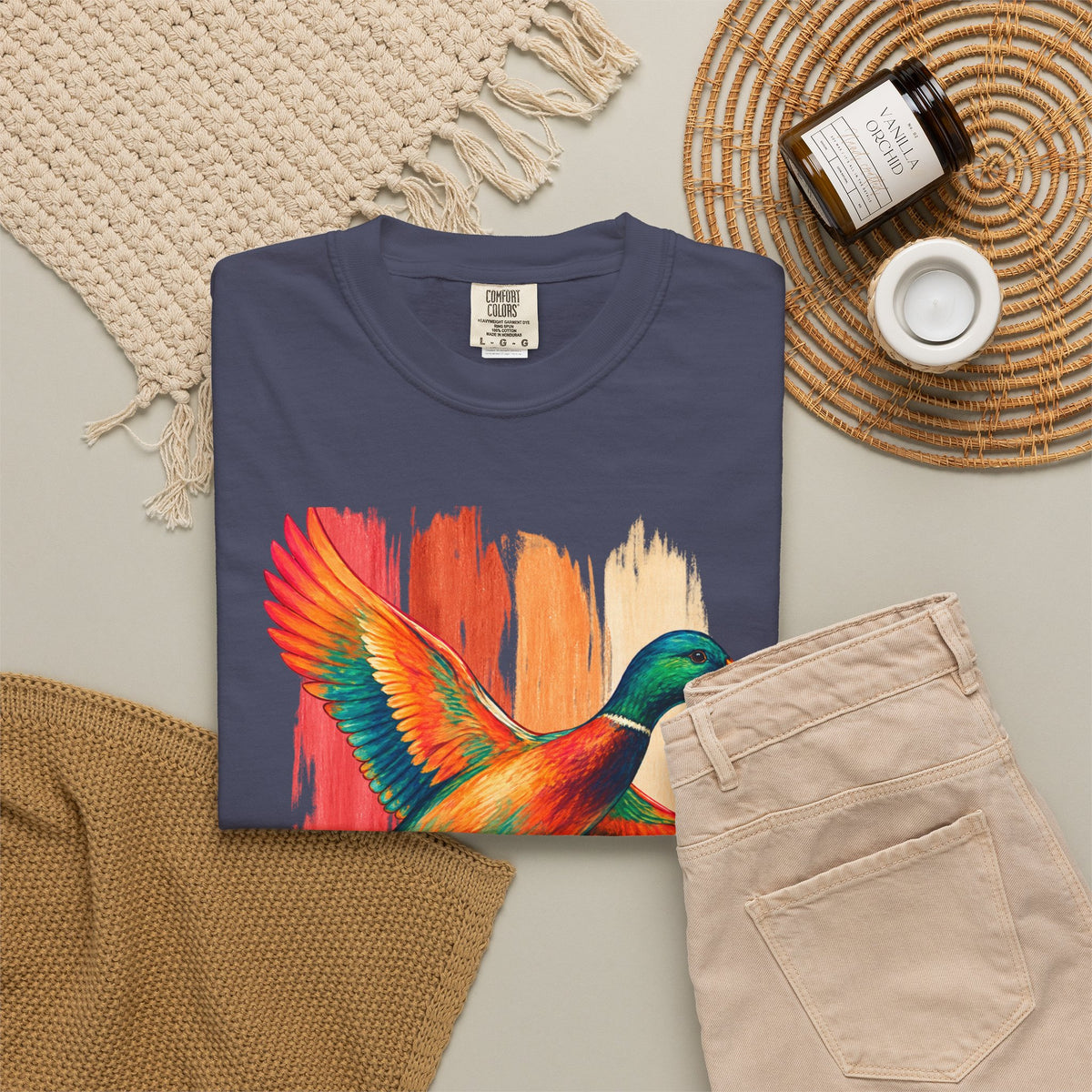 Colorful Flying Duck Tee | Vibrant Mallard Illustration, Nature Shirt