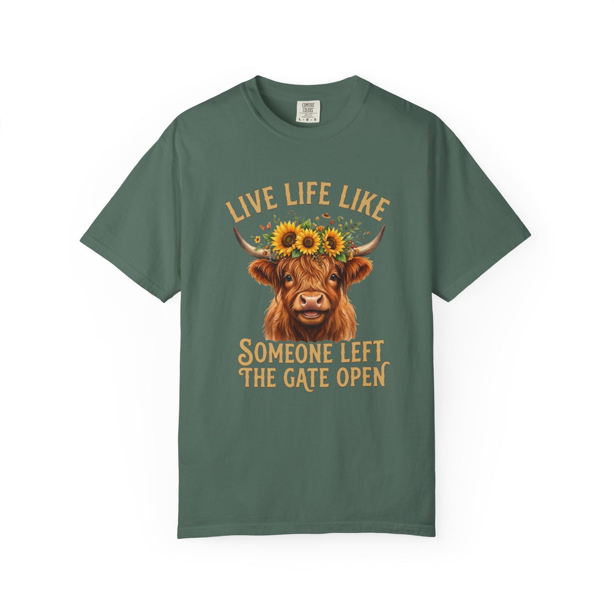 Live Life Like Someone Left the Gate Open Cow Tee Shirt Sunflower Highland Cattle Tee