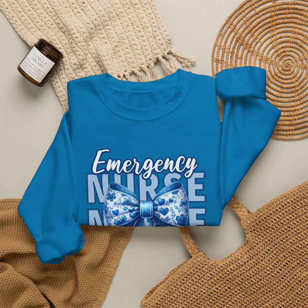 Emergency Nurse Sweatshirt, ER Nurse Blue Bow Shirt, Emergency Room Nurse Gift, RN Sweatshirt, Cute Nurse Apparel, Nursing Gift