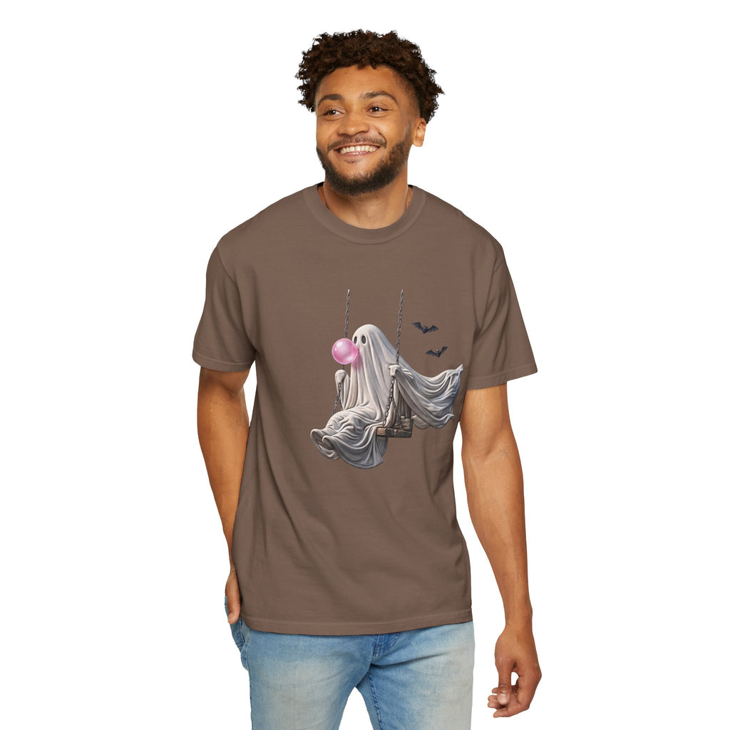 Ghost on Swing Tee Shirt | Cute Halloween Ghost Blowing Bubblegum, Bats