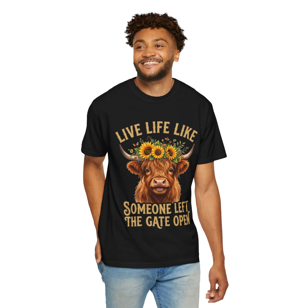 Live Life Like Someone Left the Gate Open Cow TShirt Sunflower Highland Cattle Tee