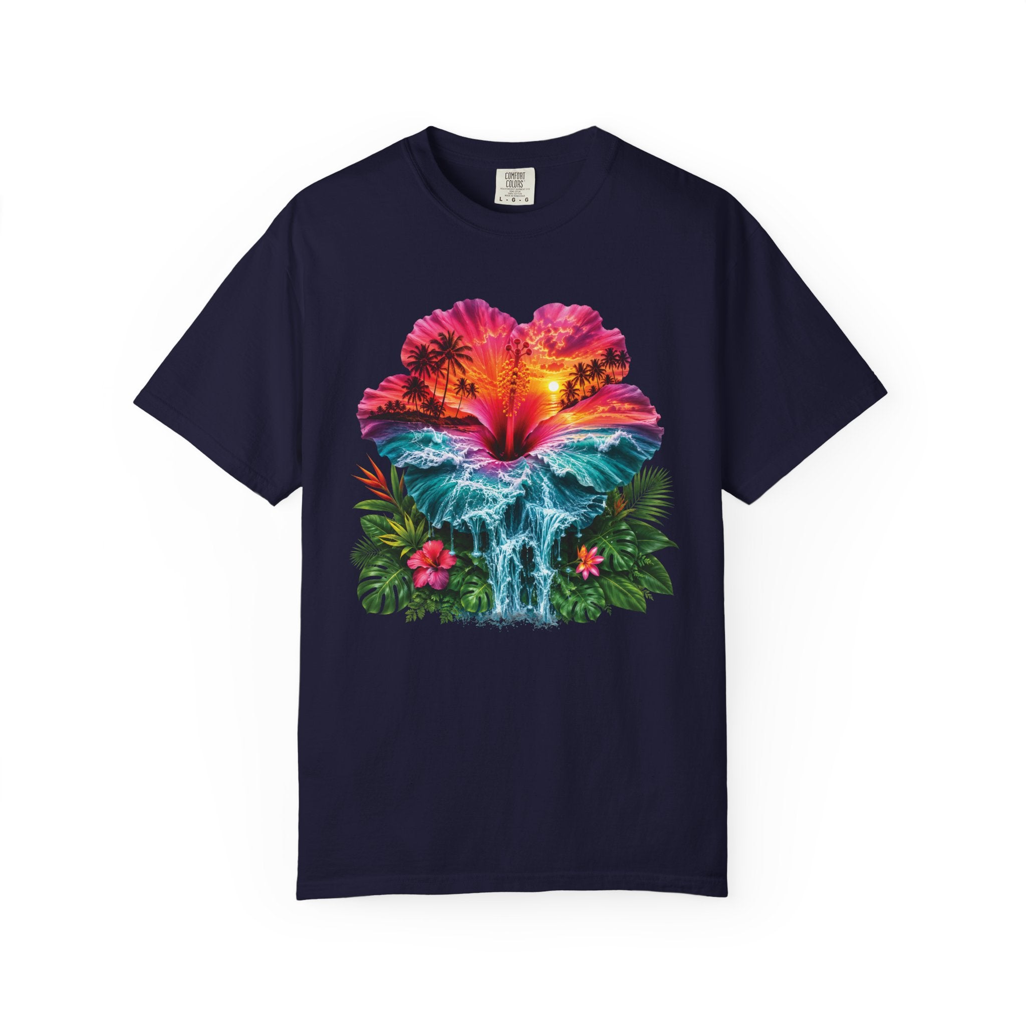 T Shirt Tropical Hibiscus Waterfall Sunset Graphic Tee