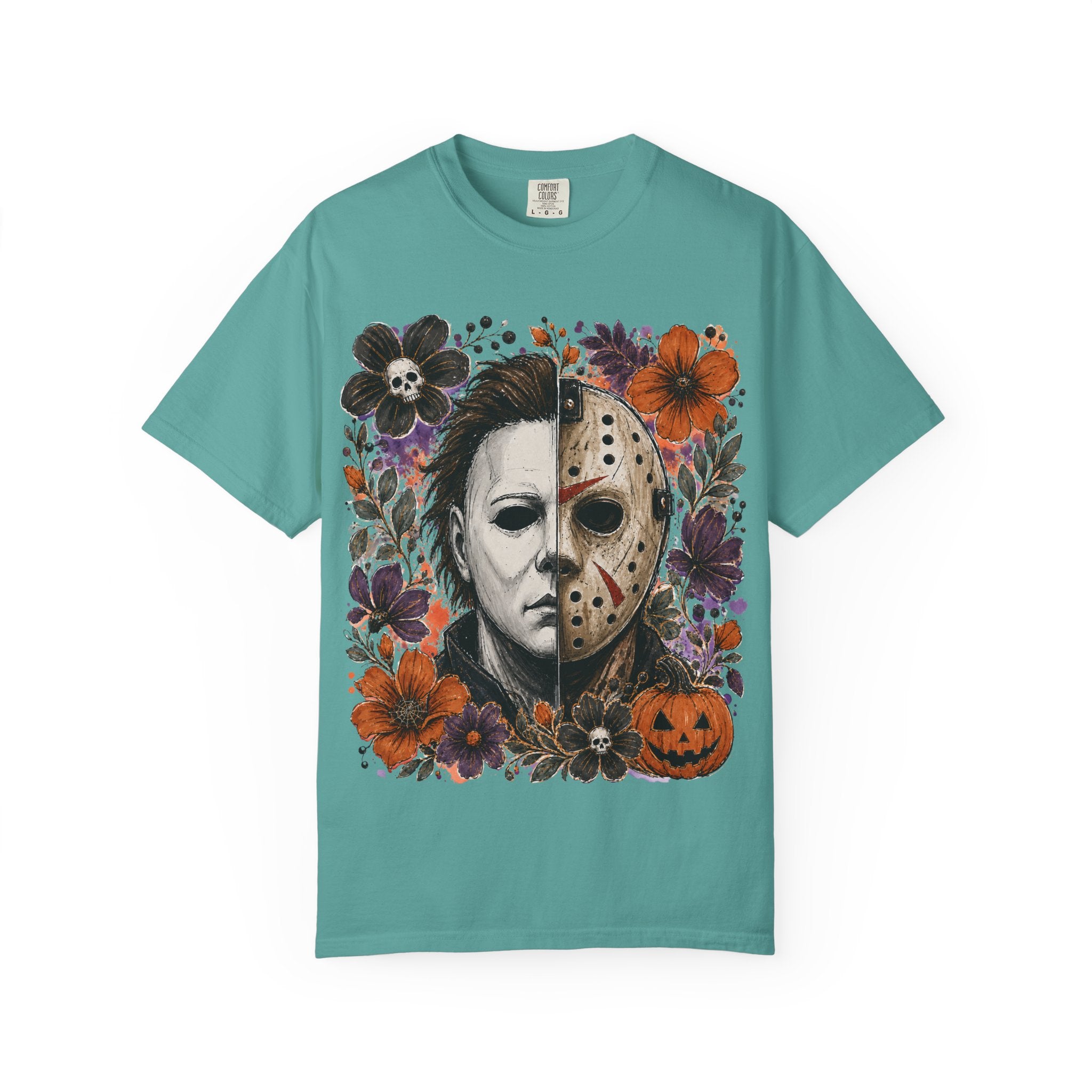 Horror Split Face Floral T Shirt Michael Myers and Jason Halloween Tee