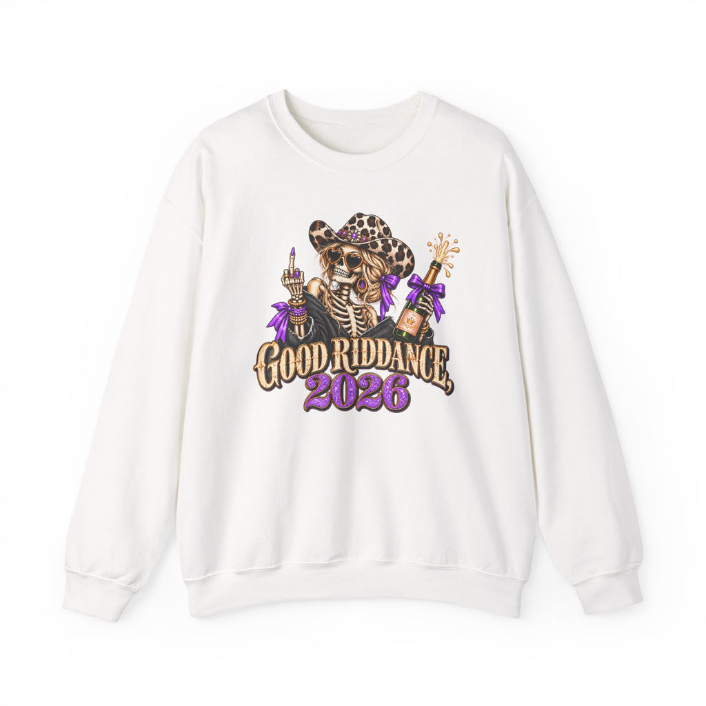 Good Riddance 2026 Sweatshirt, Funny New Years Eve Outfit, Sassy Skeleton Cowgirl Crewneck, Western Leopard Print Shirt, Sarcastic Gift