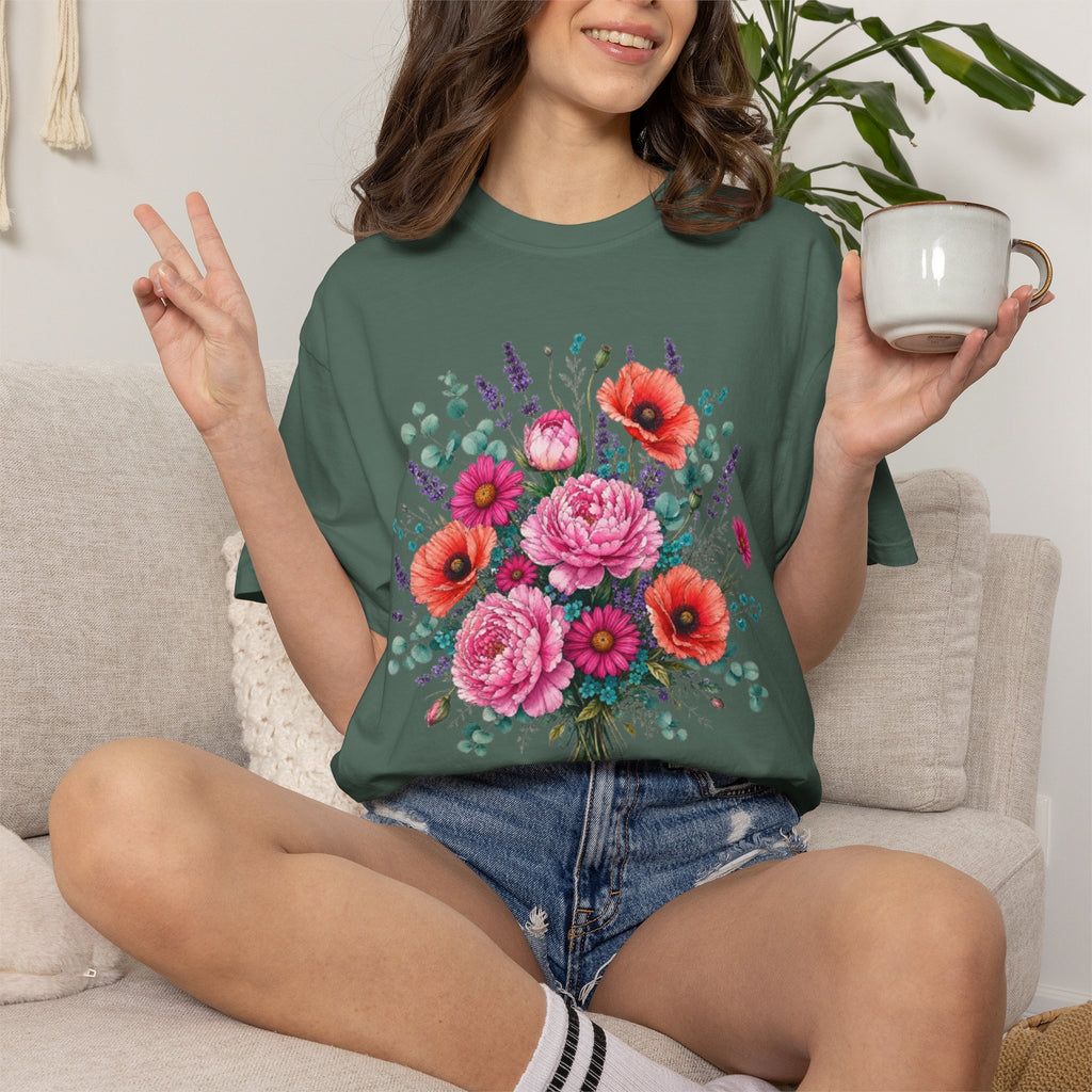 Floral Bouquet T Shirt  Pink Peony and Poppy Garden Tee