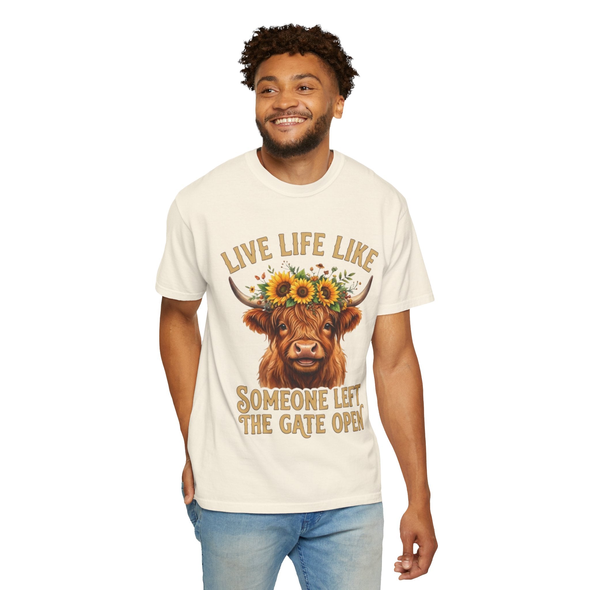 Live Life Like Someone Left the Gate Open Cow TShirt Sunflower Highland Cattle Tee