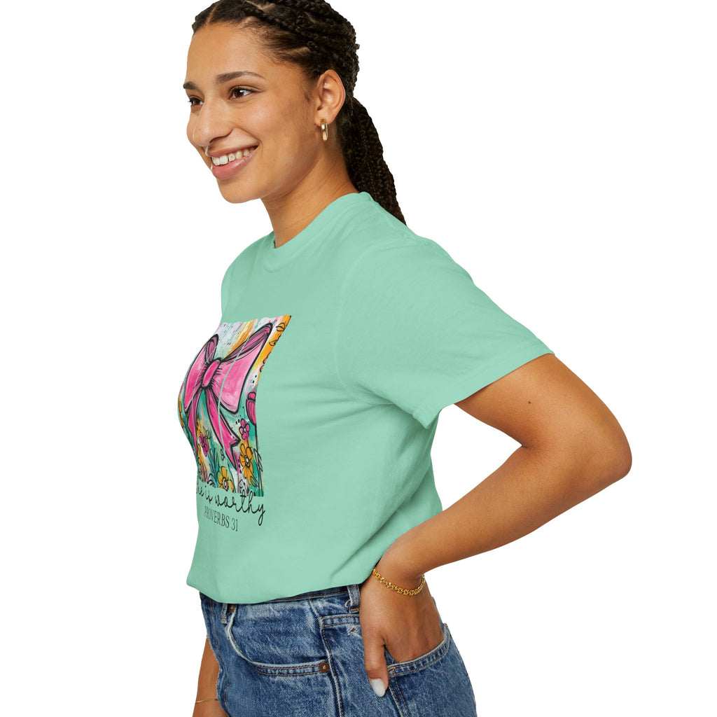 Pink Bow Floral Illustration Tee Shirt | She is Worthy Proverbs 31 Christian Tee