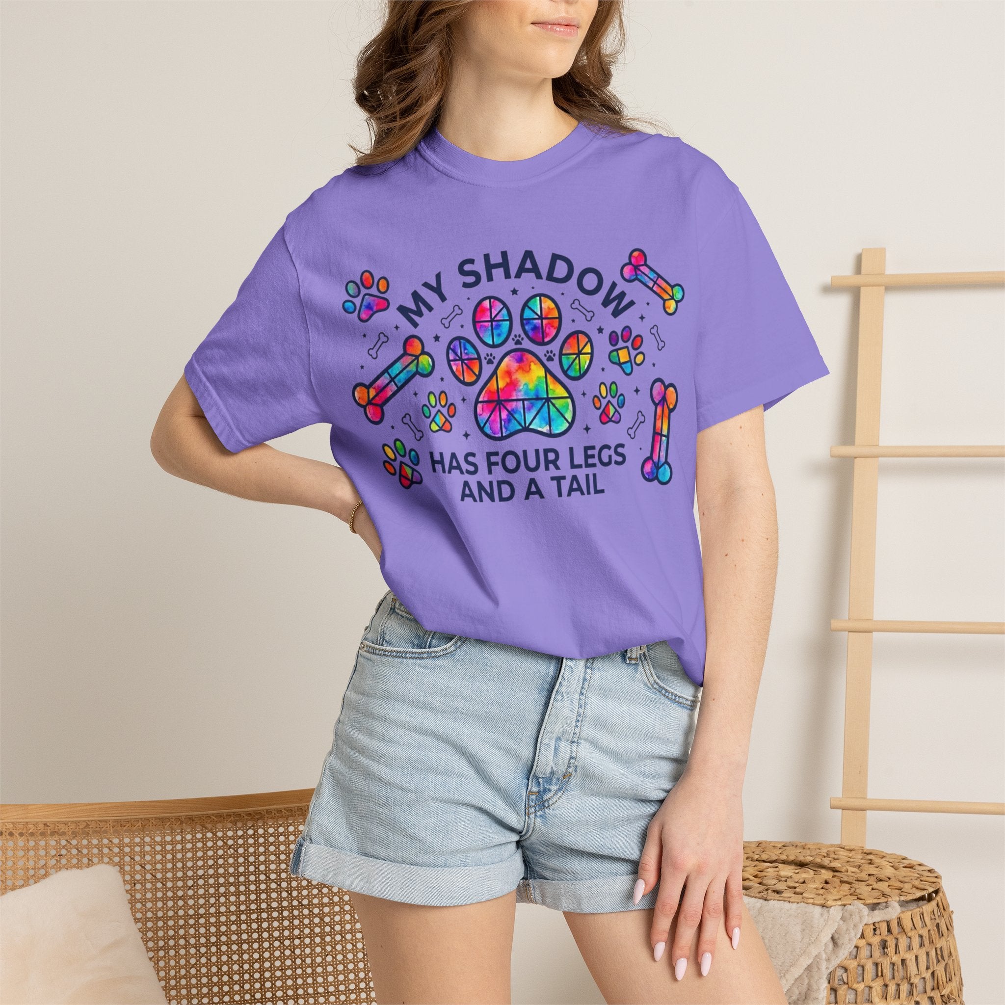 My Shadow Has Four Legs And A Tail T-Shirt Colorful Paw Print Dog Lover Tee