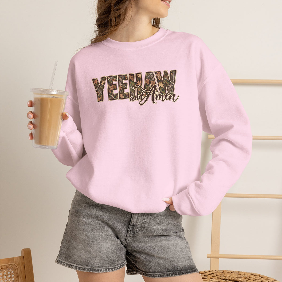 Yeehaw and Amen Camo Sweatshirt, Southern Christian Shirt, Western Cowgirl Sweatshirt, Country Faith Gift, Rustic Graphic Tee