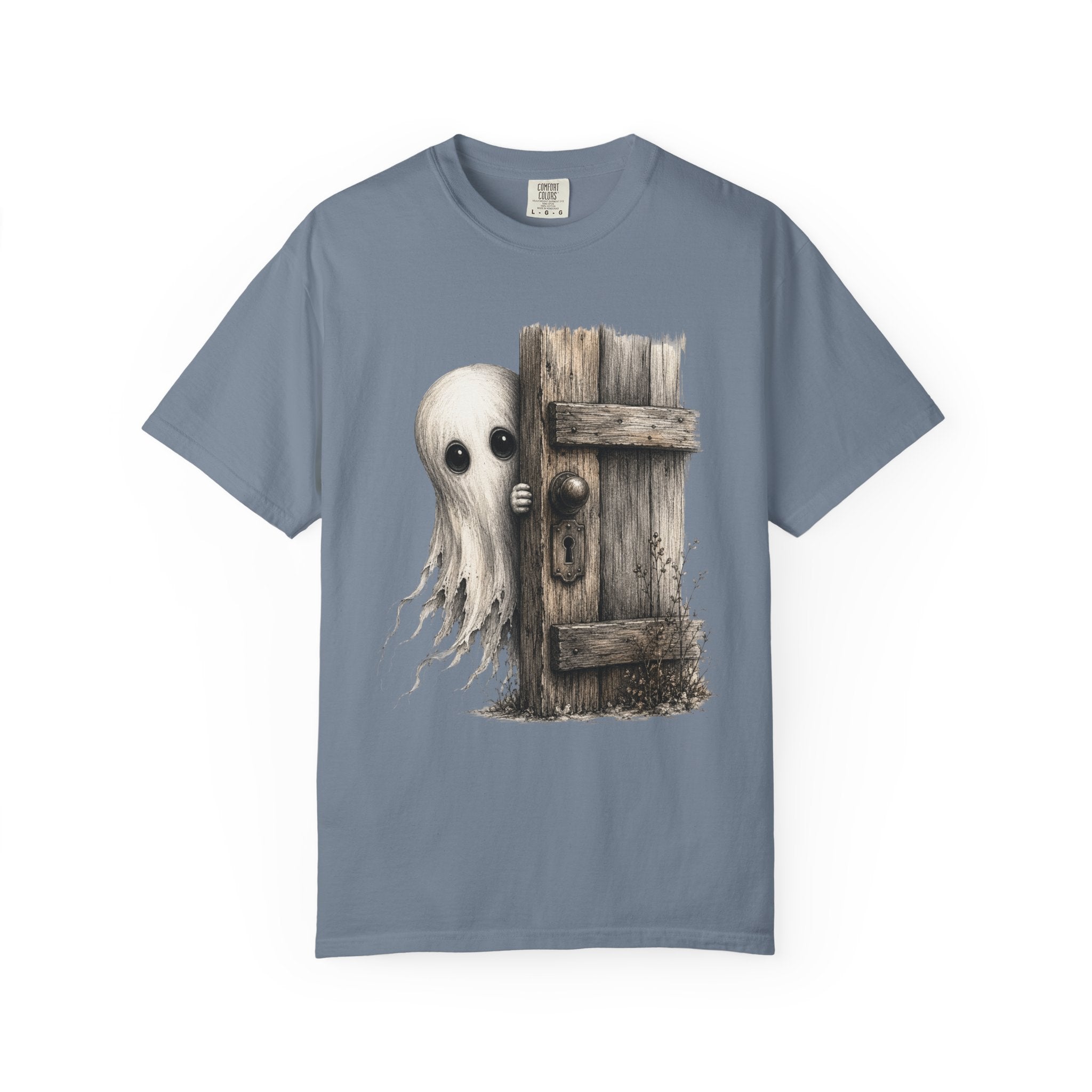 Ghost Peeking Behind Door T Shirt Cute Spooky Halloween Tee