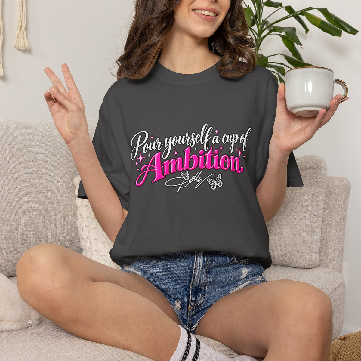 Raise Yourself a Cup of Ambition T shirt  Script Typography Pink Accent