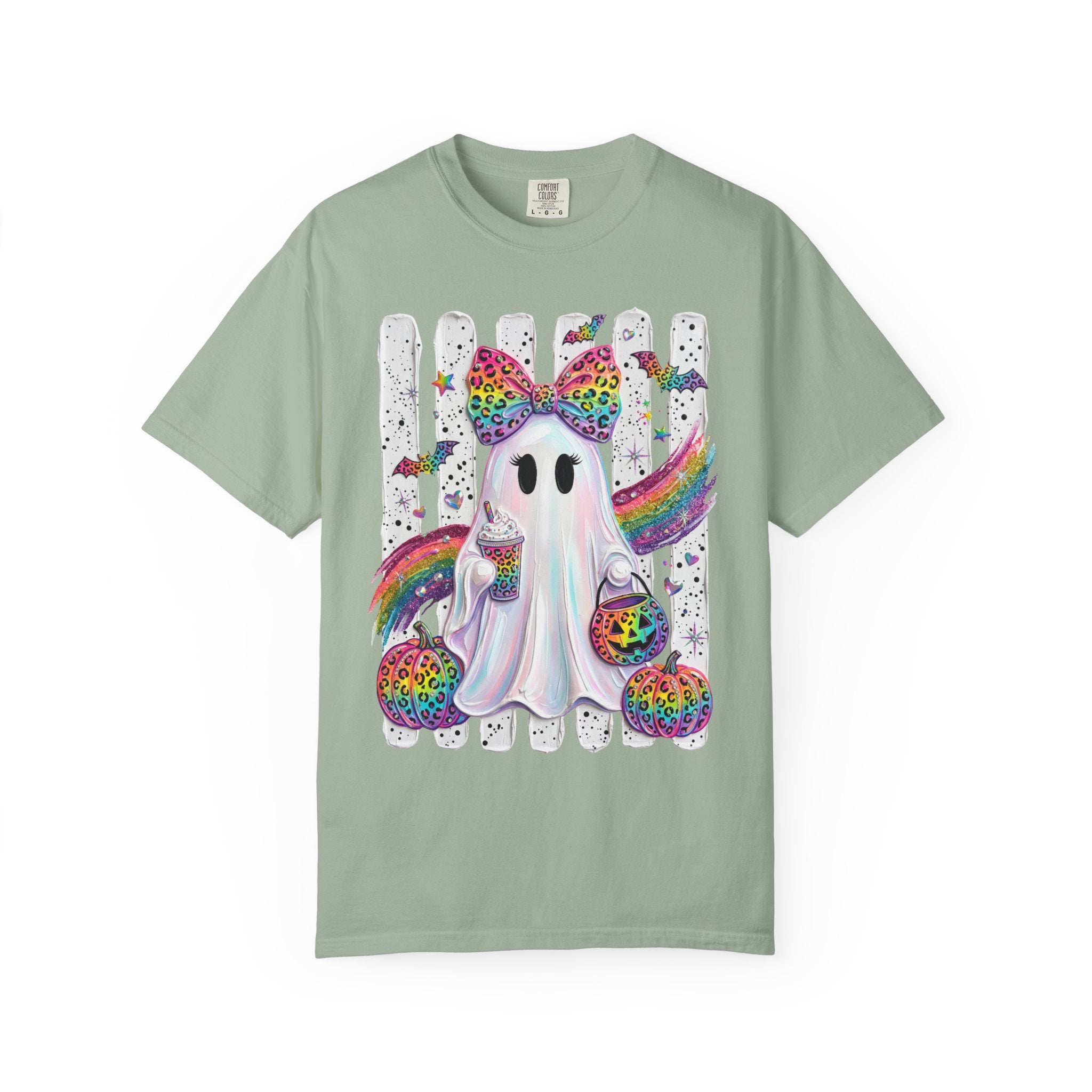 Halloween Rainbow Ghost T Shirt Cute Glittery Ghost with Rainbow Bow and Pumpkins