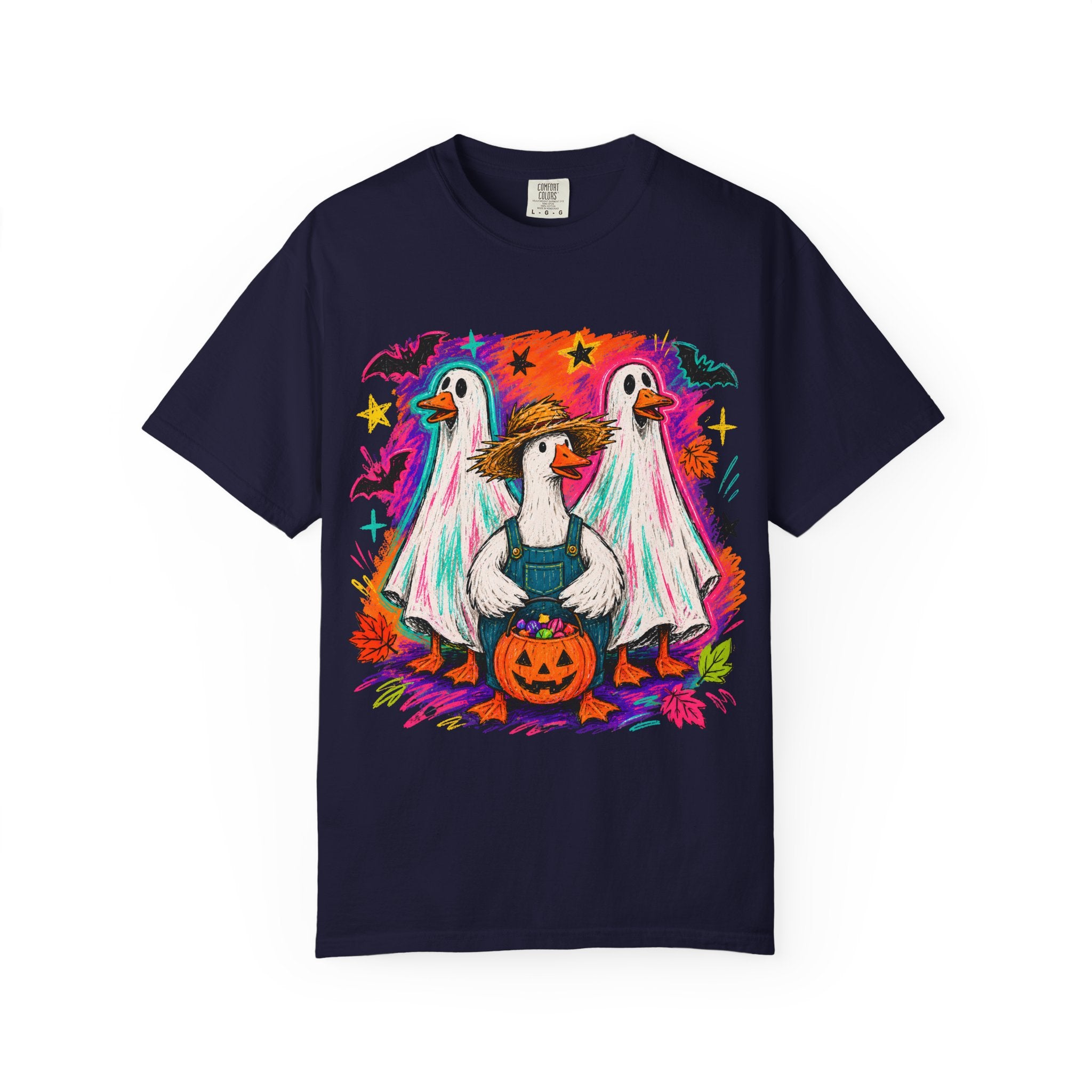 Halloween Goose T Shirt Cute Goose in Ghost Costume with Pumpkin Illustration