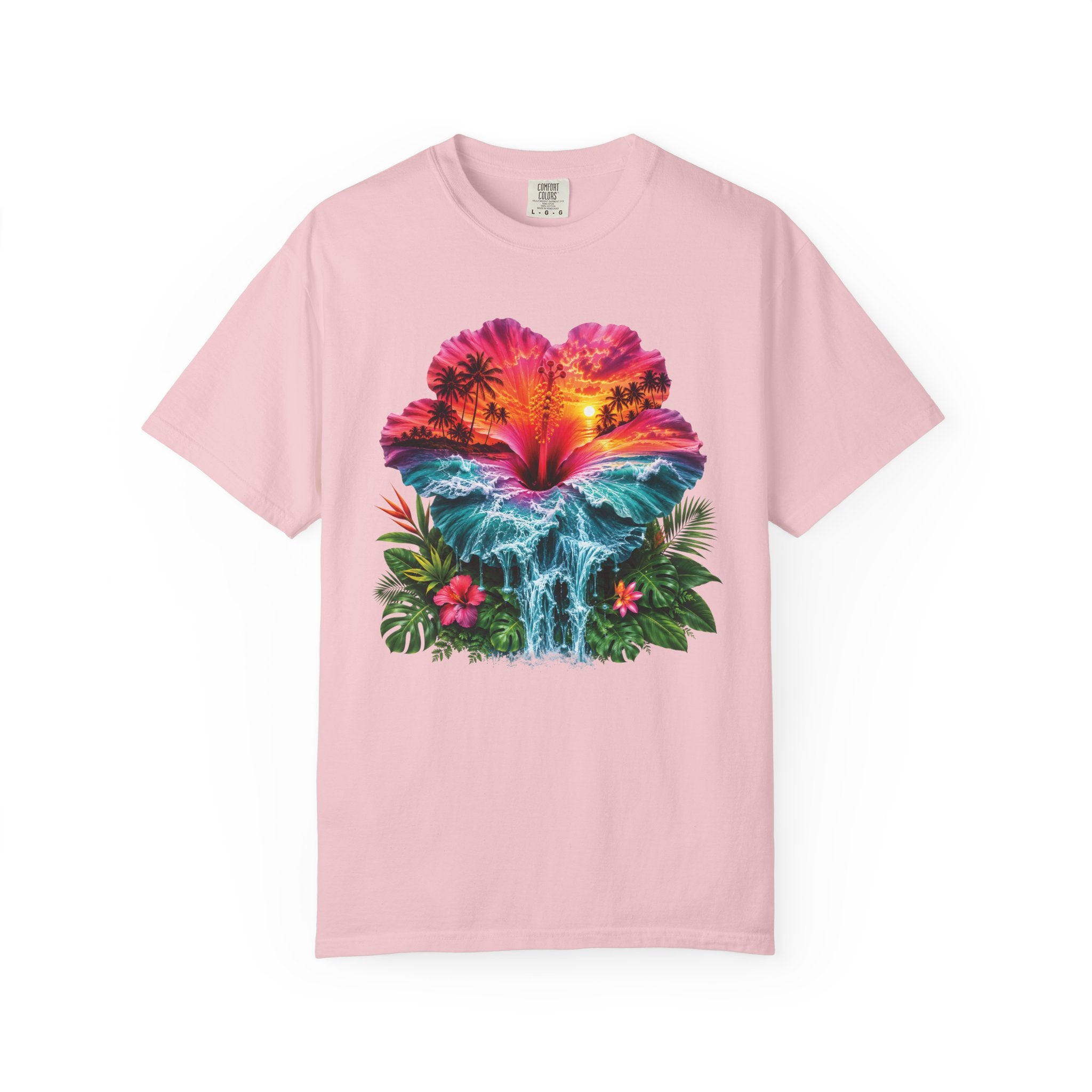 T Shirt Tropical Hibiscus Waterfall Sunset Graphic Tee