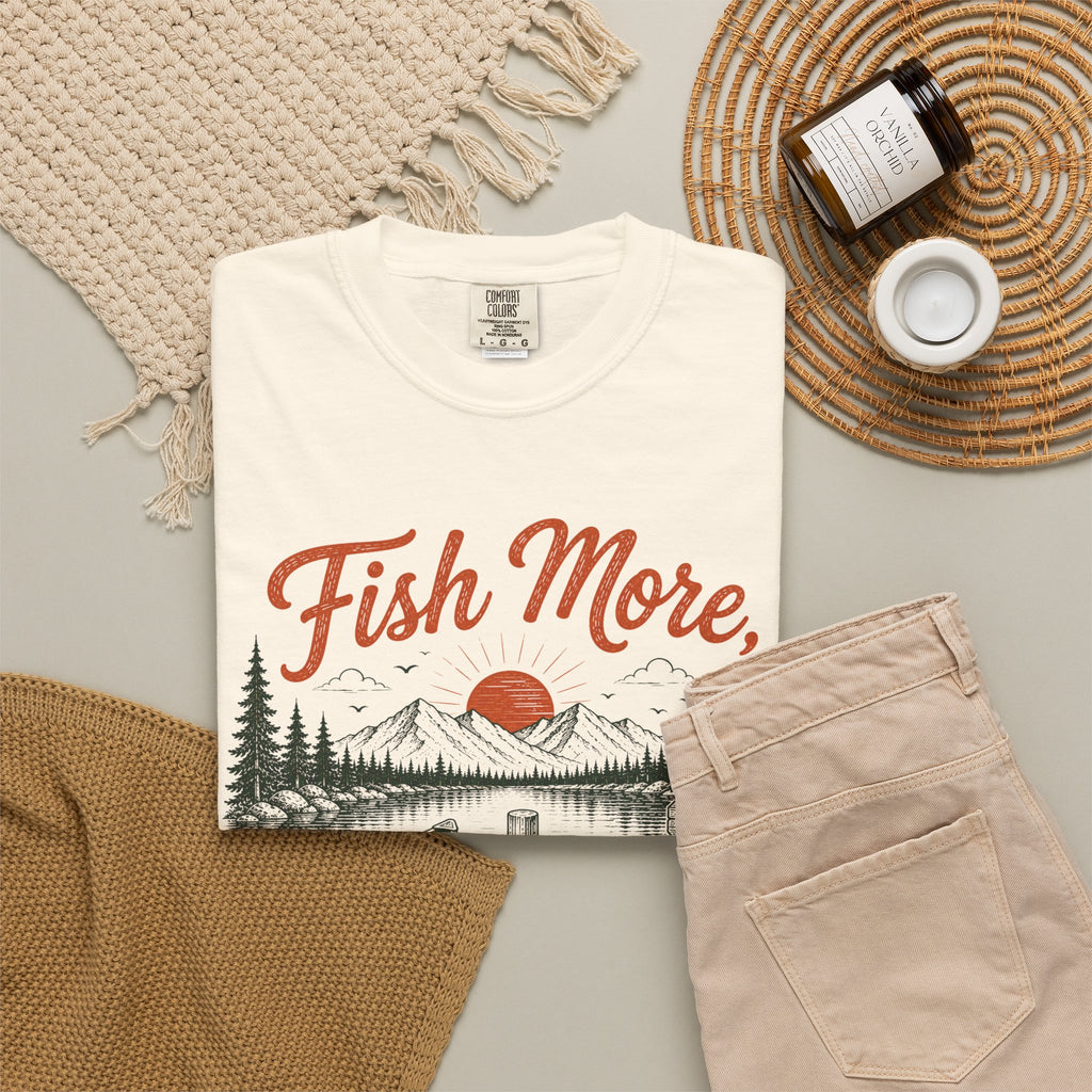 Fish More Scroll Less T Shirt Vintage Fishing Cabin Graphic Tee
