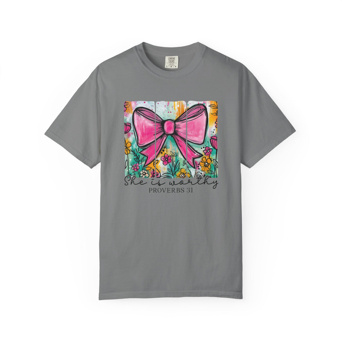Pink Bow Floral Illustration Tee Shirt | She is Worthy Proverbs 31 Christian Tee