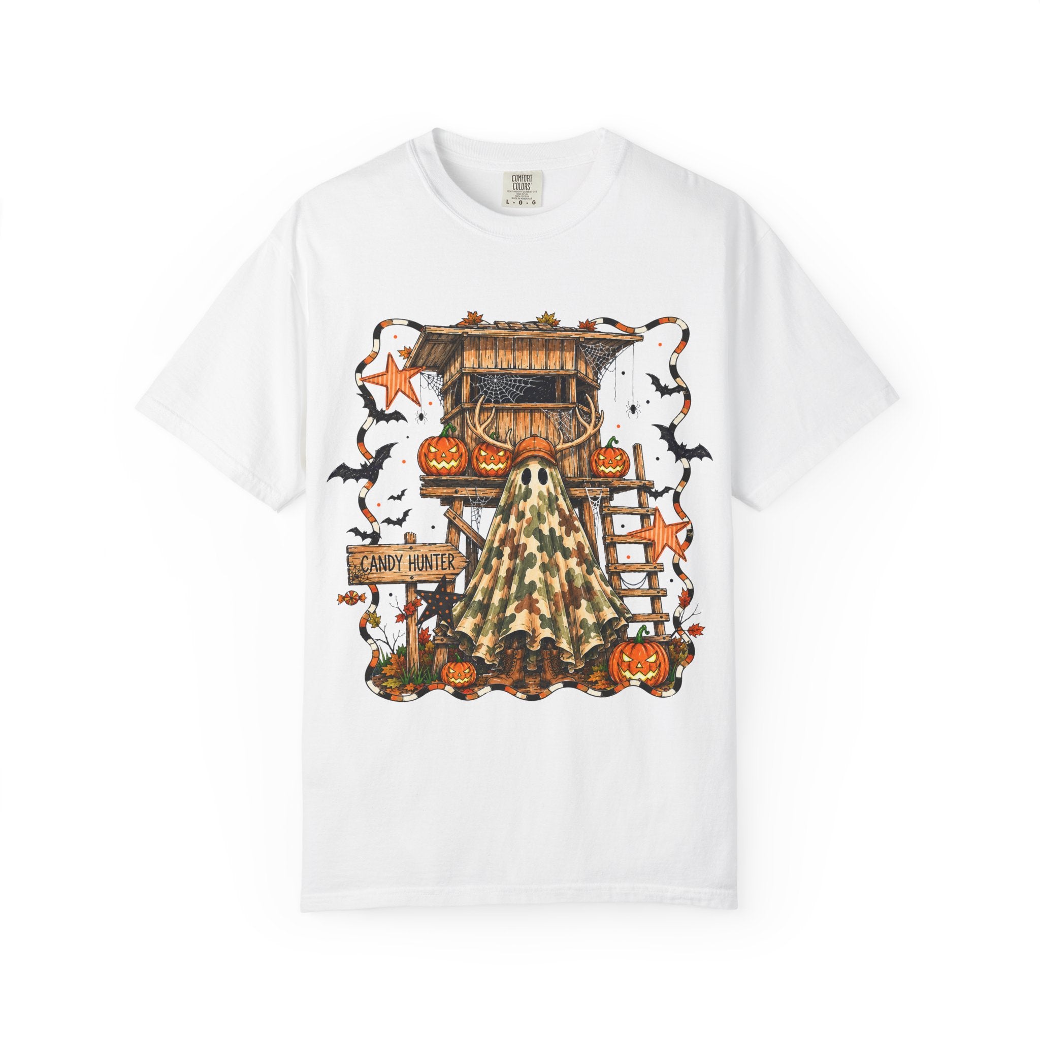 Halloween Ghost Treehouse T-Shirt Front and Back 31 October Camo Pumpkin Tee