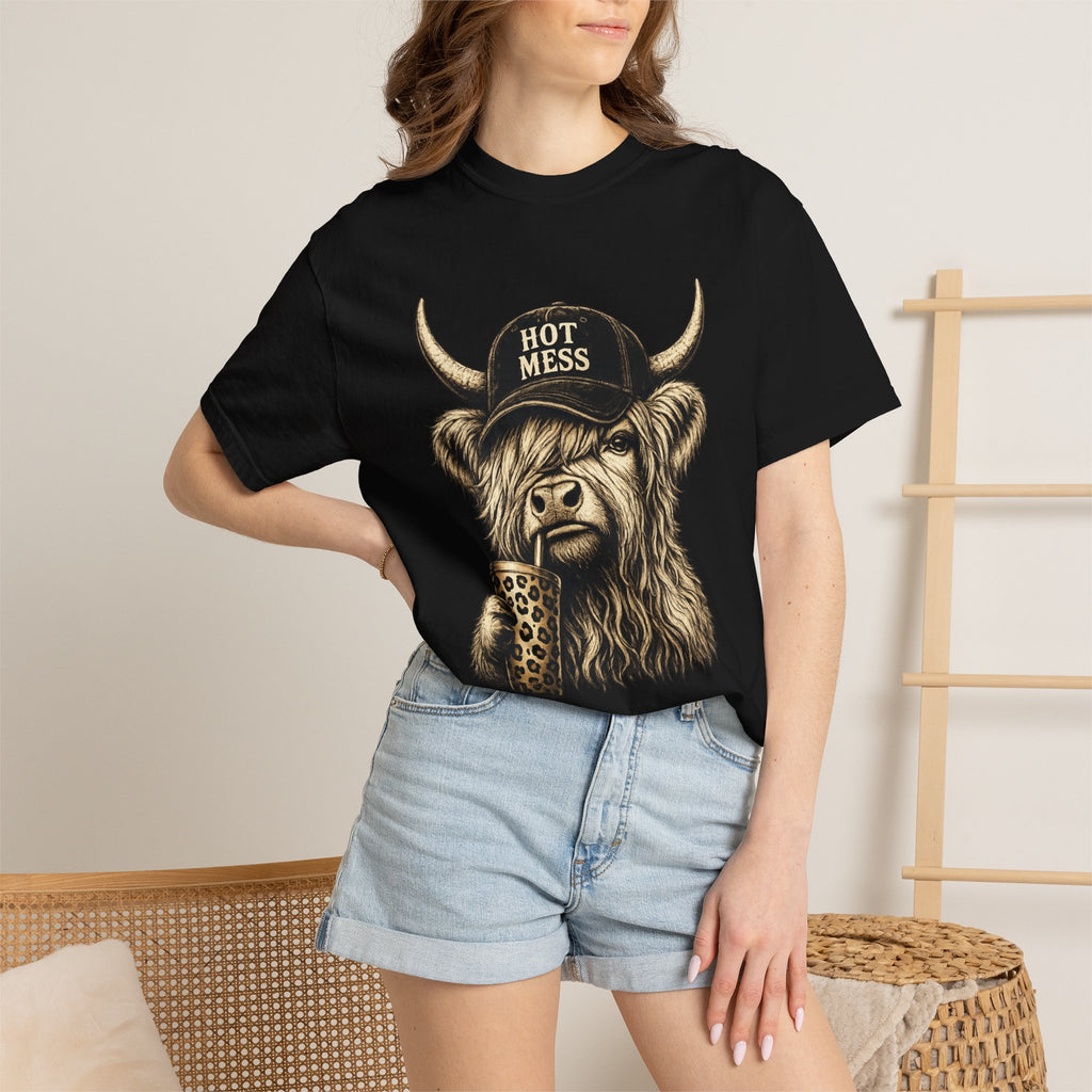 Hot Mess Highland Cow T Shirt Funny Cow with Coffee Graphic