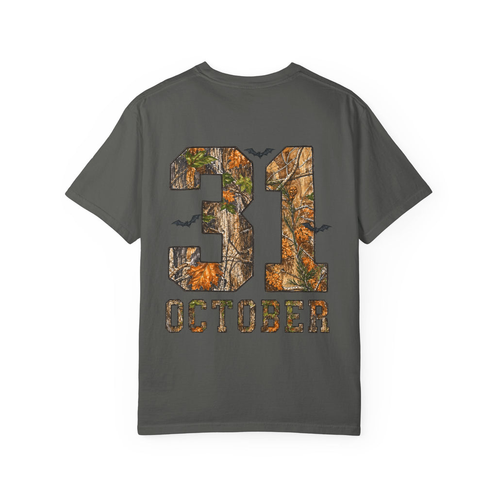 Halloween Ghost Treehouse T-Shirt Front and Back 31 October Camo Pumpkin Tee