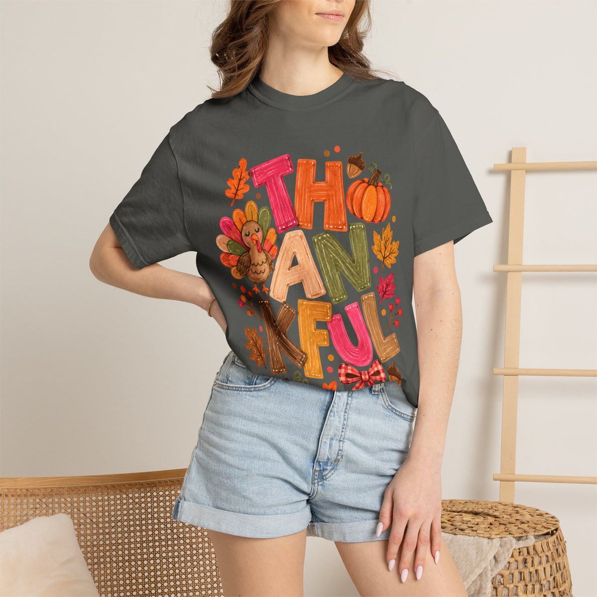 Thankful Turkey Shirt, Cute Thanksgiving Tee, Colorful Fall Graphic T-Shirt, Thanksgiving Outfit, Autumn Shirt, Fall Teacher Gift