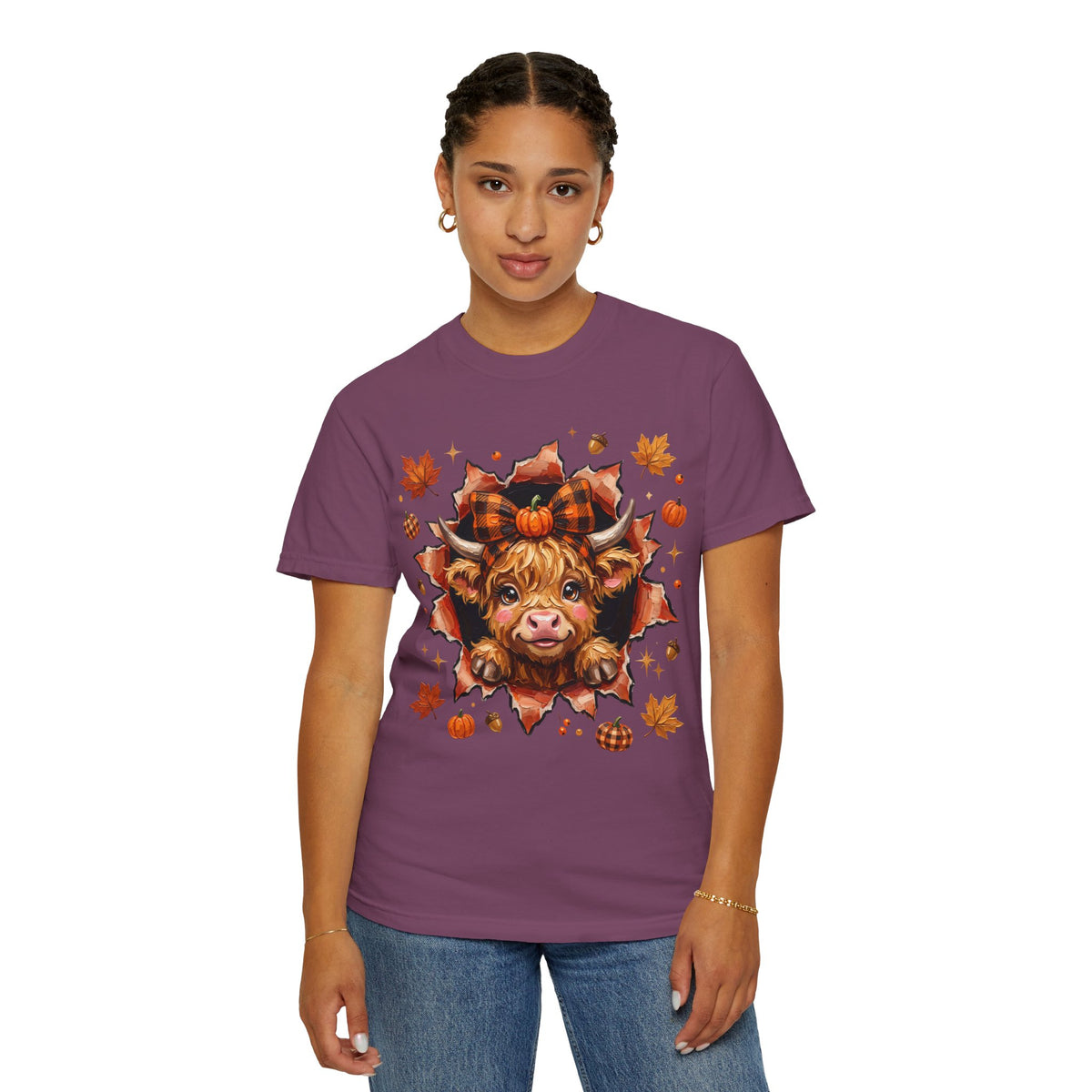 Highland Cow Autumn Tee Shirt Cute Fall Plaid Calf Design