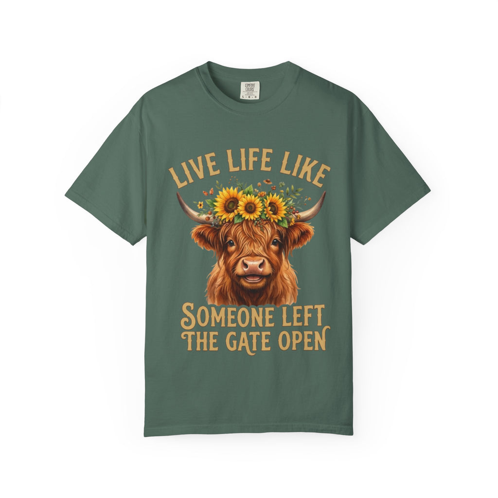 Live Life Like Someone Left the Gate Open Cow TShirt Sunflower Highland Cattle Tee