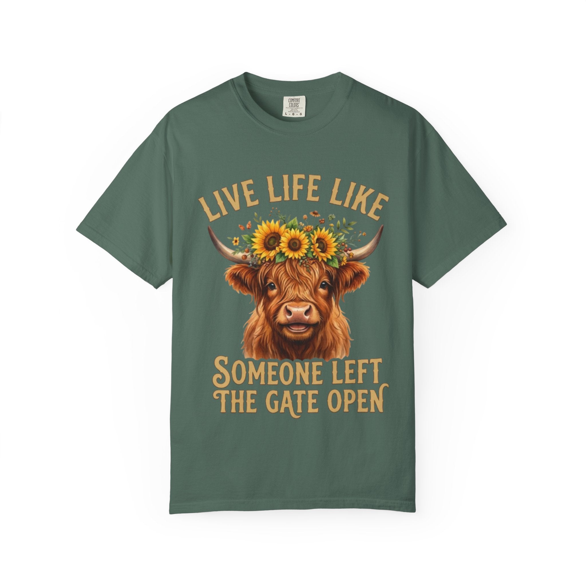 Live Life Like Someone Left the Gate Open Cow TShirt Sunflower Highland Cattle Tee