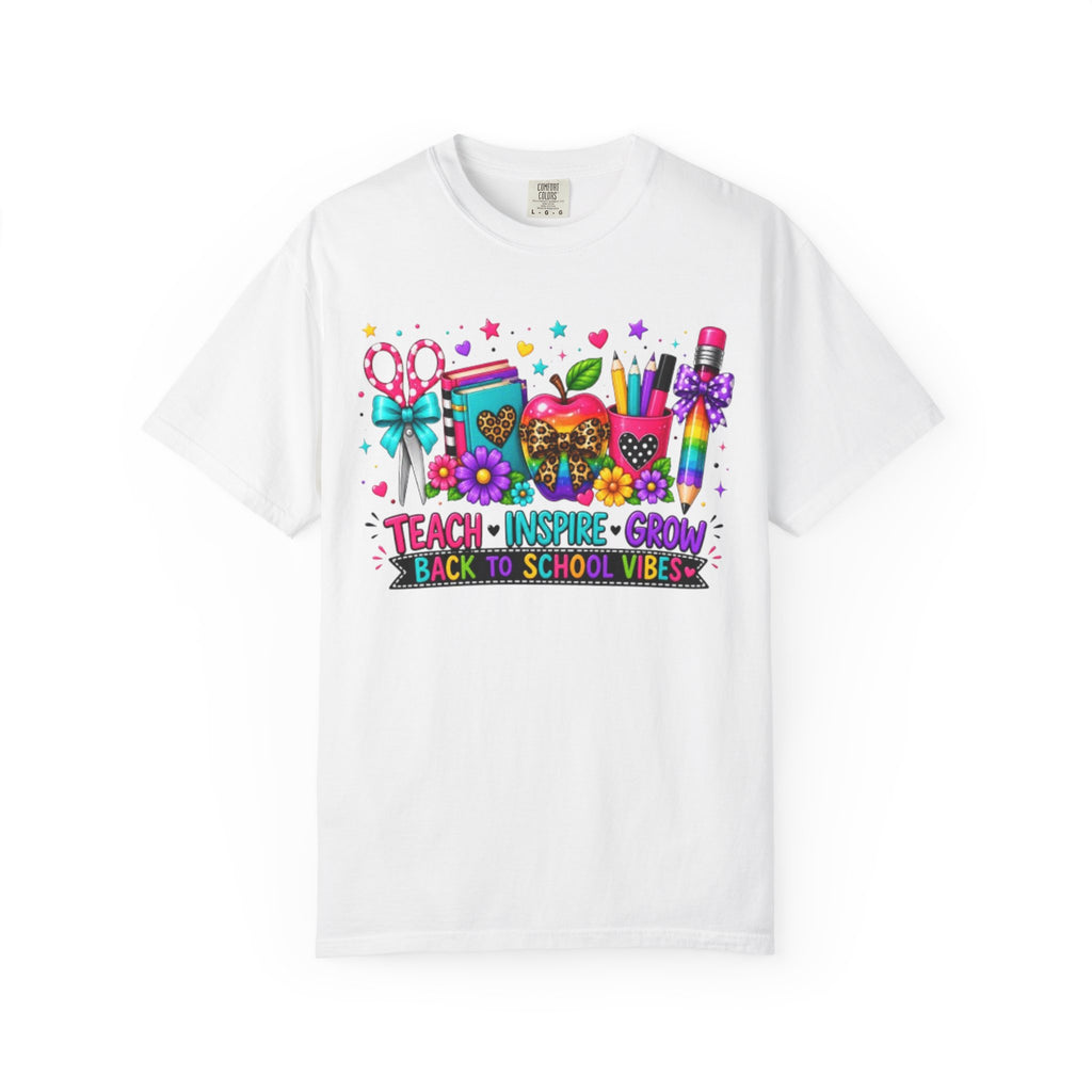 Back to School Teacher T Shirt Teach  Inspire  Grow Colorful School Supplies Tee