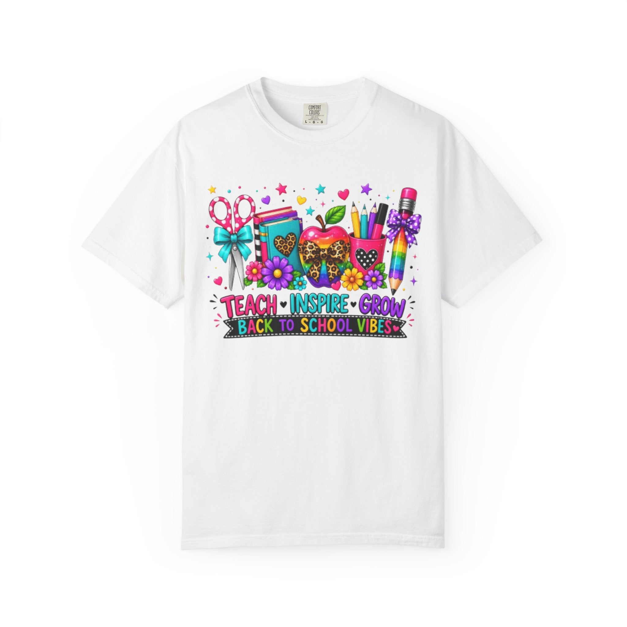 Back to School Teacher T Shirt Teach  Inspire  Grow Colorful School Supplies Tee
