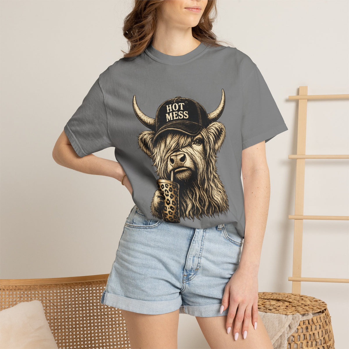 Hot Mess Highland Cow T Shirt Funny Cow with Coffee Graphic