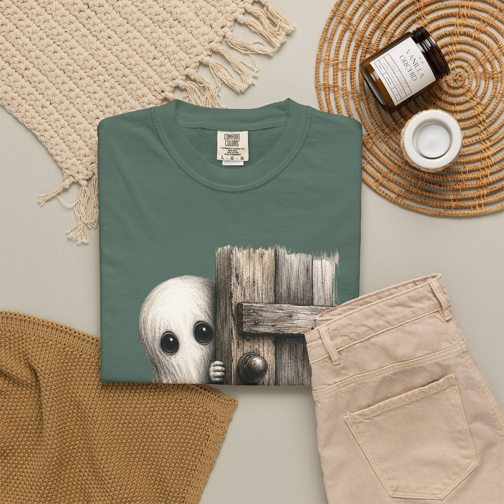 Ghost Peeking Behind Door Tee Shirt Cute Spooky Halloween Tee