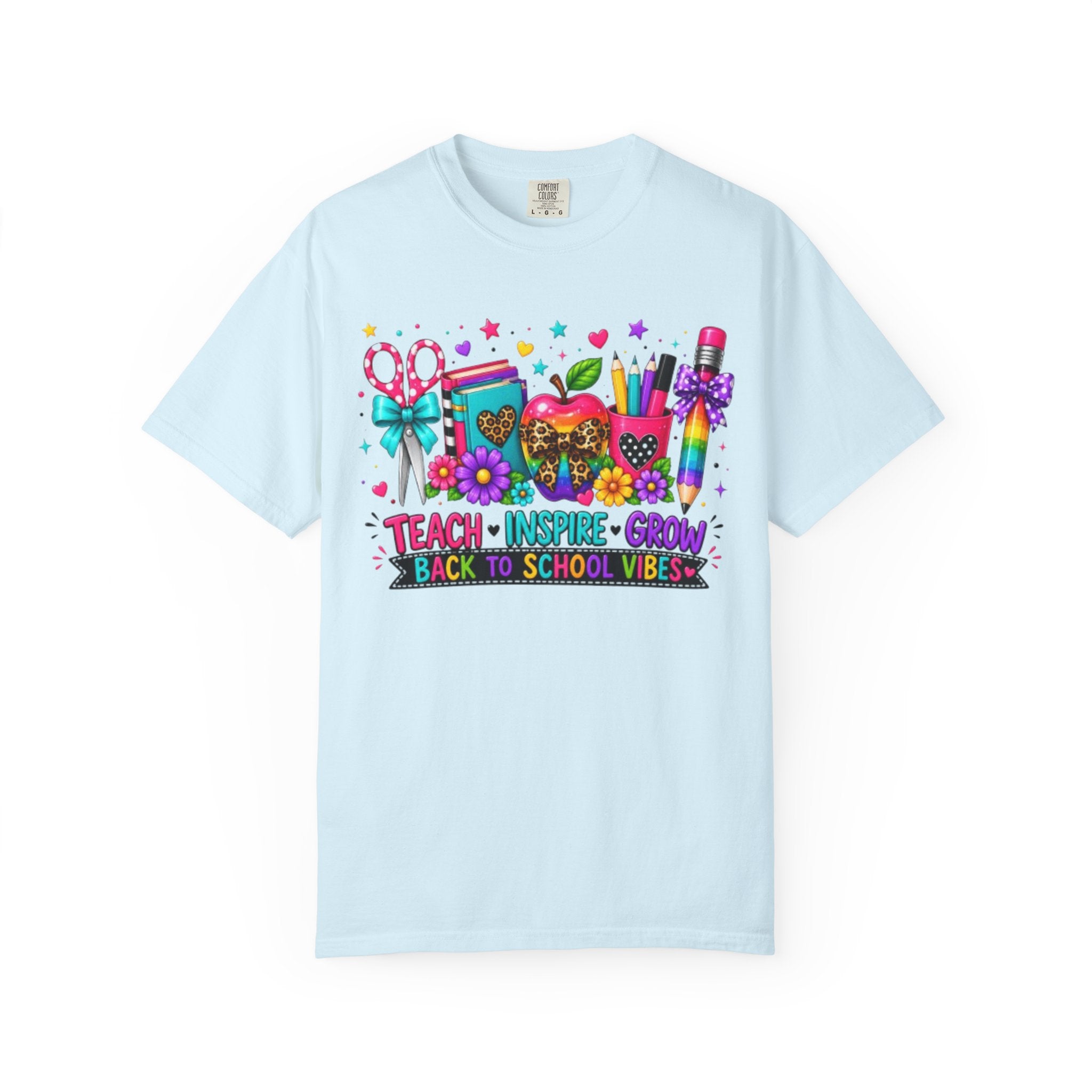 Back to School Teacher T Shirt Teach  Inspire  Grow Colorful School Supplies Tee