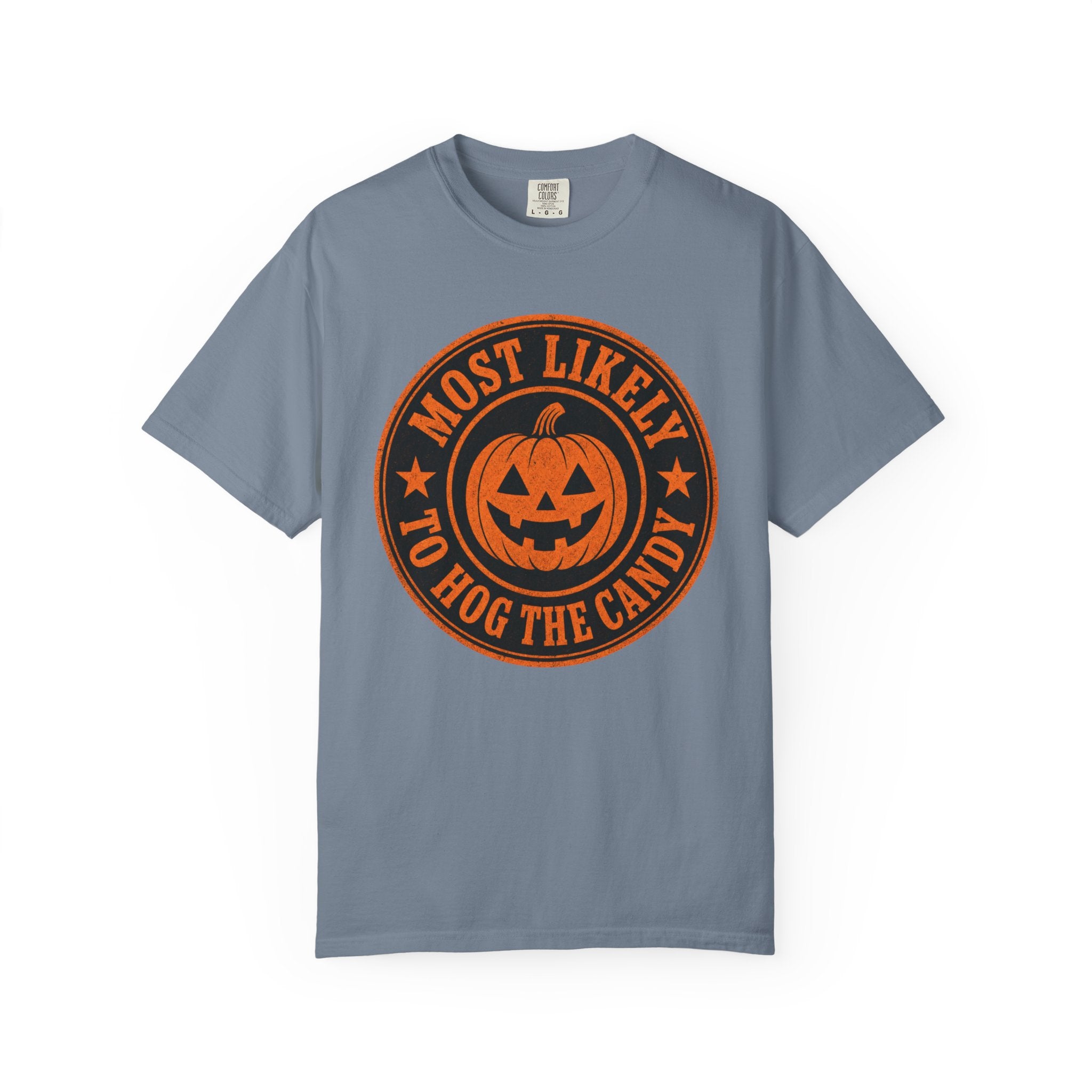 Most Likely to Hog the Candy Halloween T Shirt Jack-O Lantern Pumpkin Graphic Tee