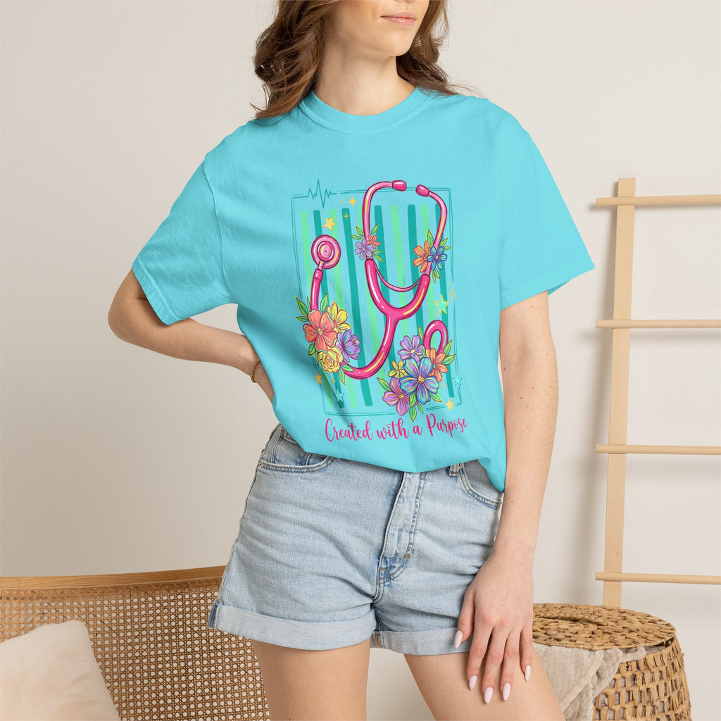 Created With a Purpose Nurse Shirt, Floral Stethoscope Tee, Comfort Colors Nurse T-Shirt, Nursing Student Gift, Nurse Appreciation Gift