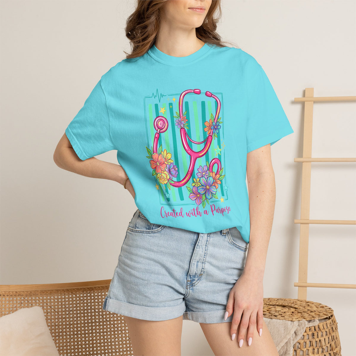 Created With a Purpose Nurse Shirt, Floral Stethoscope Tee, Comfort Colors Nurse T-Shirt, Nursing Student Gift, Nurse Appreciation Gift