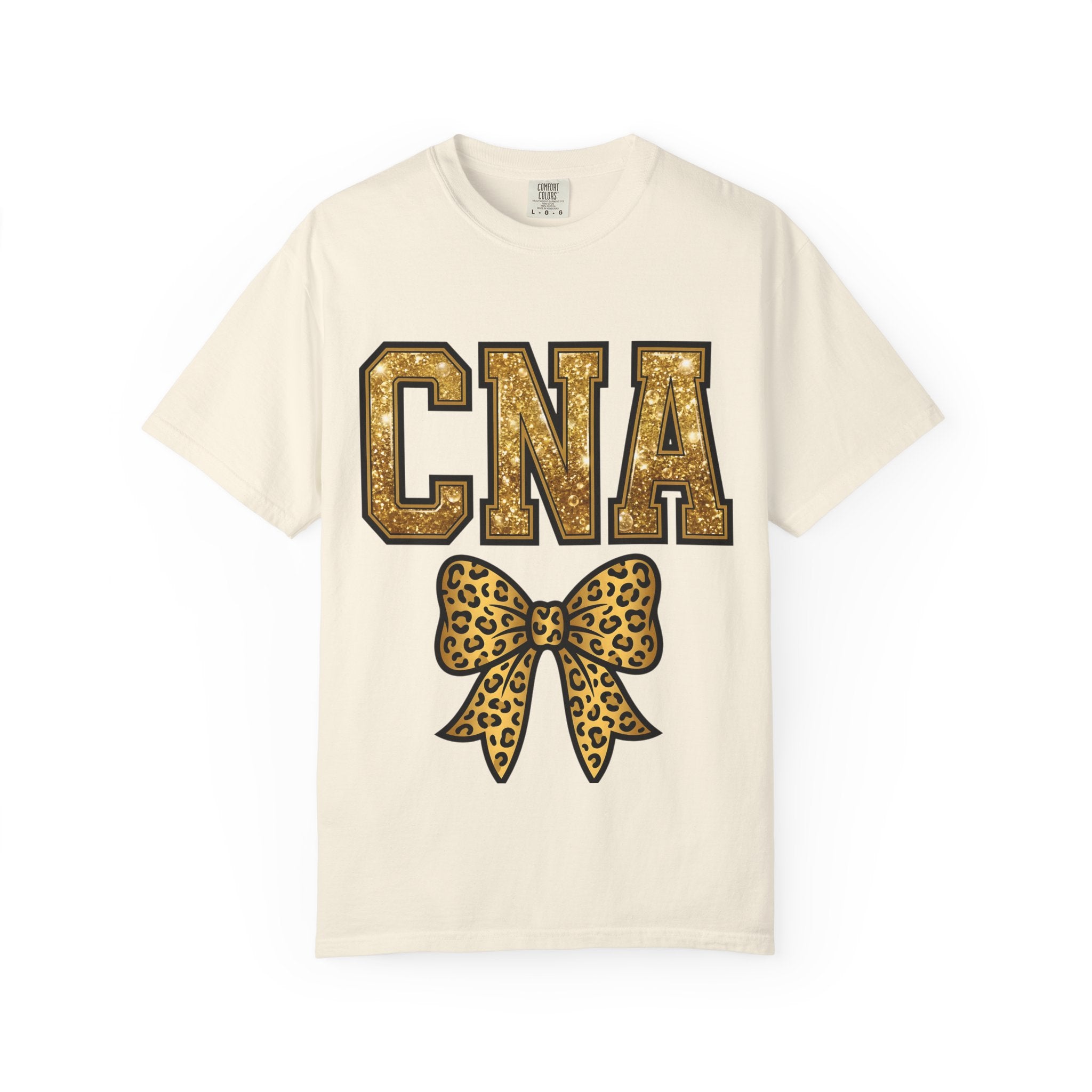 CNA Leopard Bow T Shirt Sparkle Gold Nurse Aide Tee