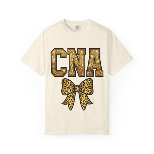 CNA Leopard Bow T Shirt Sparkle Gold Nurse Aide Tee