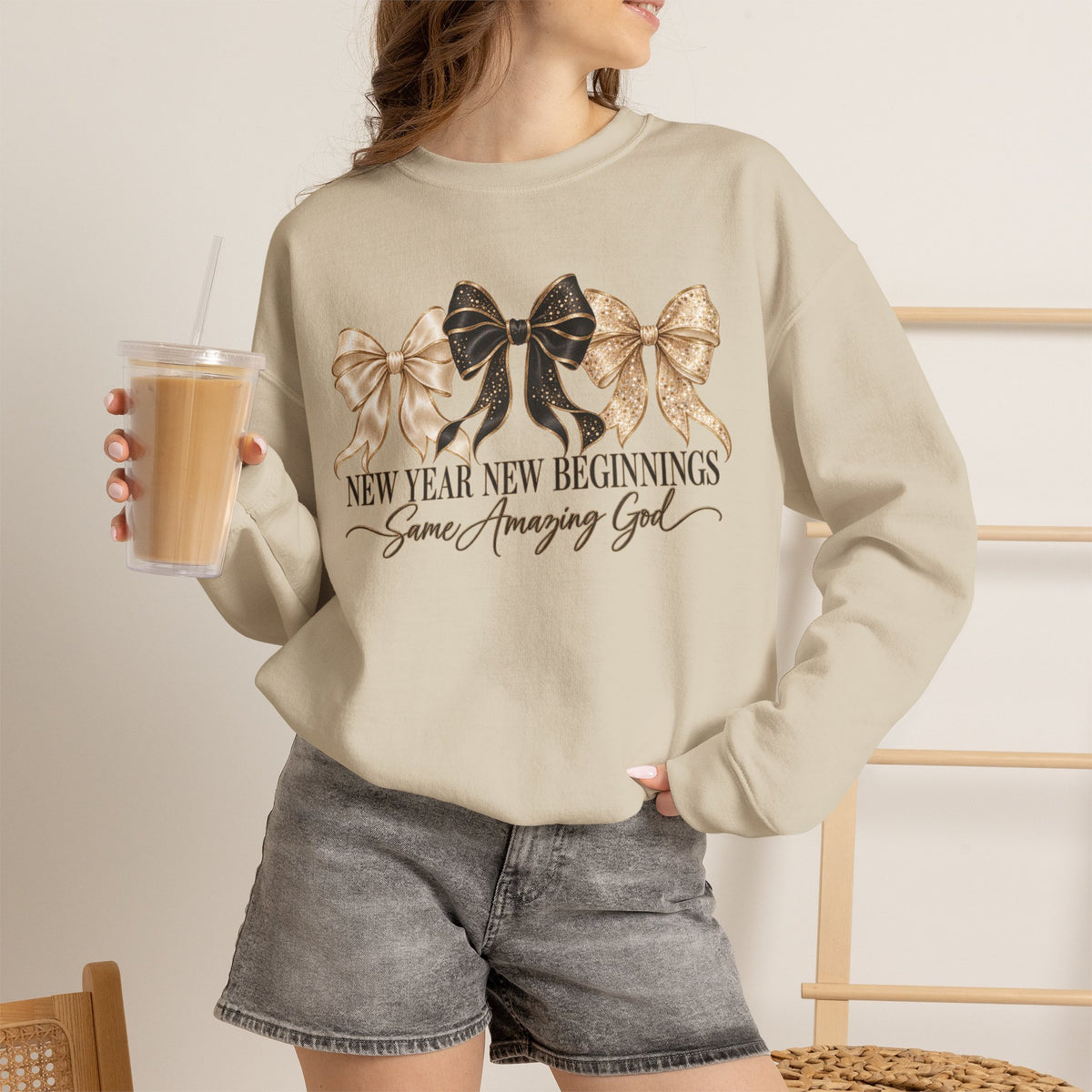 Christian New Year Sweatshirt, New Year New Beginnings Same Amazing God, Coquette Bow Crewneck, Faith Based New Years Eve Outfit, Christian