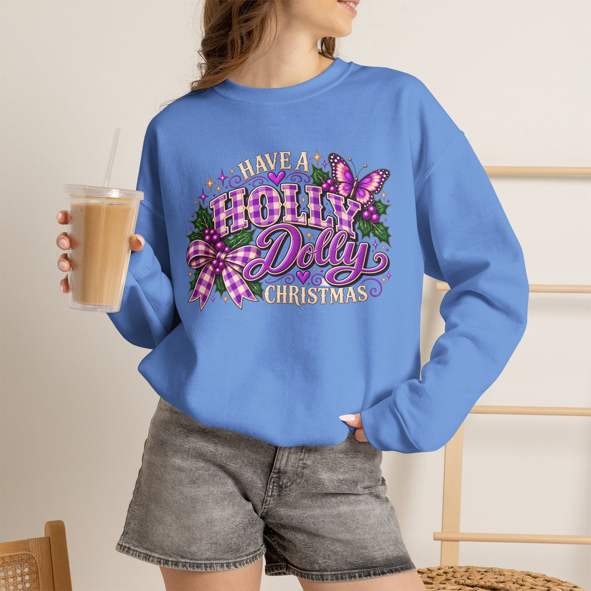 Have a Holly Dolly Christmas Sweatshirt, Dolly Inspired Christmas Shirt, Purple Plaid Holiday Sweatshirt, Butterfly Christmas Gift
