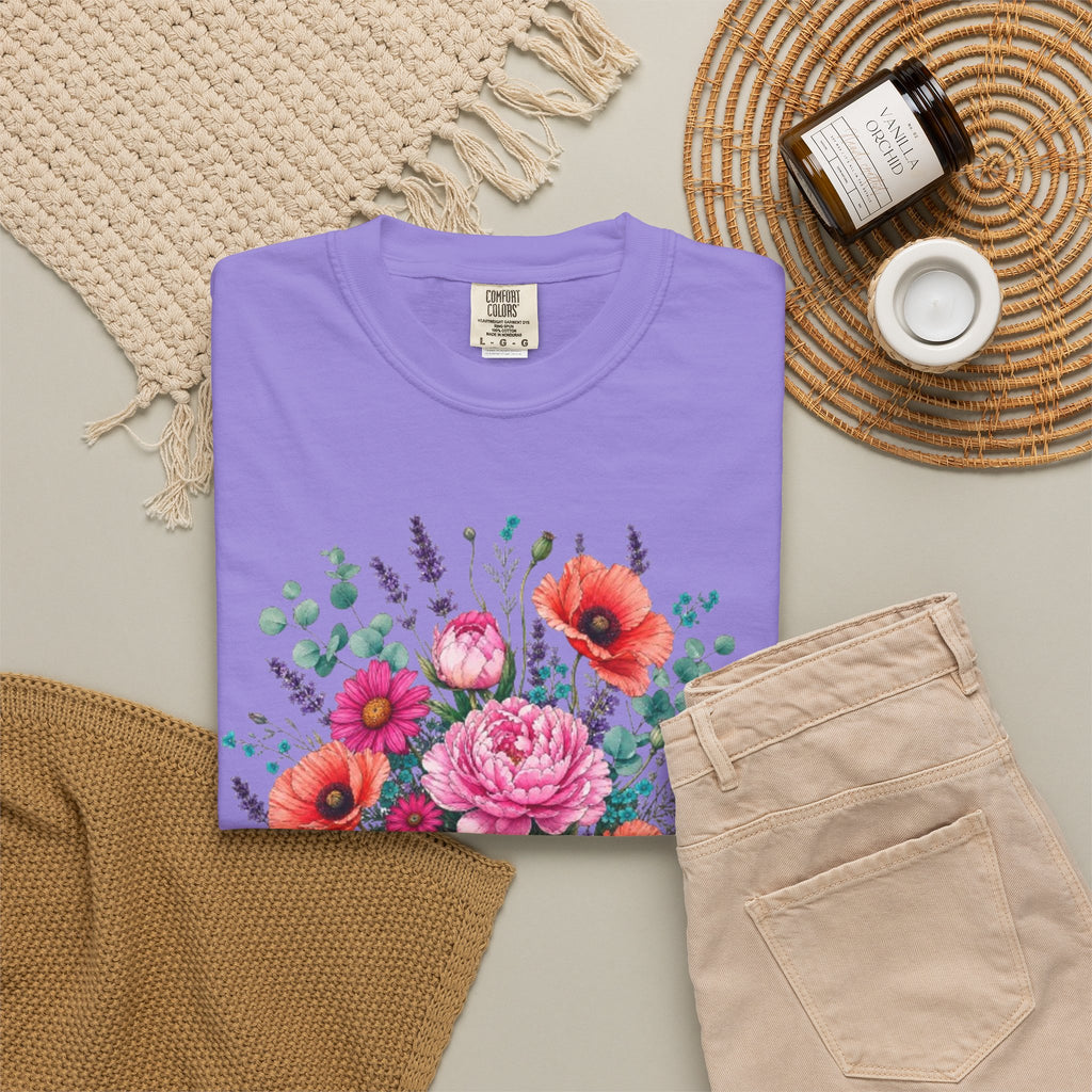 Floral Bouquet T Shirt  Pink Peony and Poppy Garden Tee