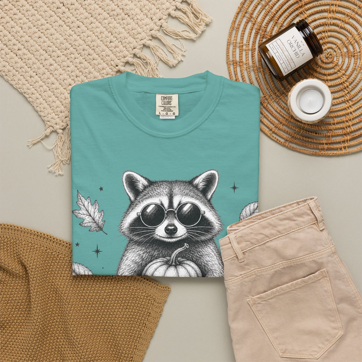 Spooky Season Bandit T Shirt Cute Raccoon Holding Pumpkin Fall Tee