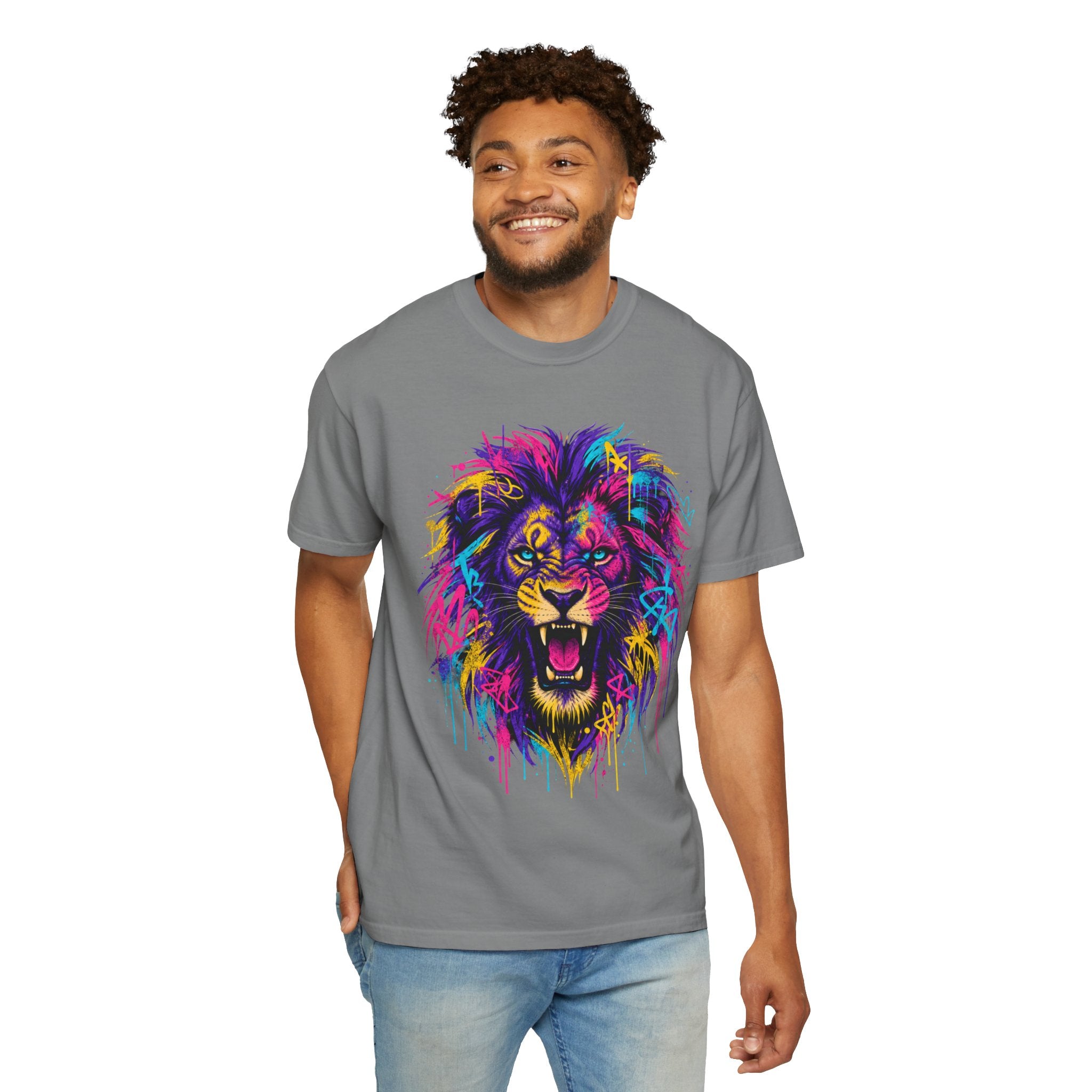 Colorful Roaring Lion T Shirt Vibrant Neon Animal Graphic Tee