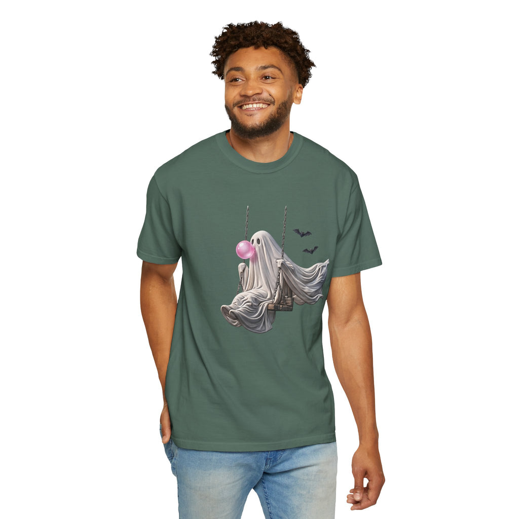 Ghost on Swing Tee Shirt | Cute Halloween Ghost Blowing Bubblegum, Bats