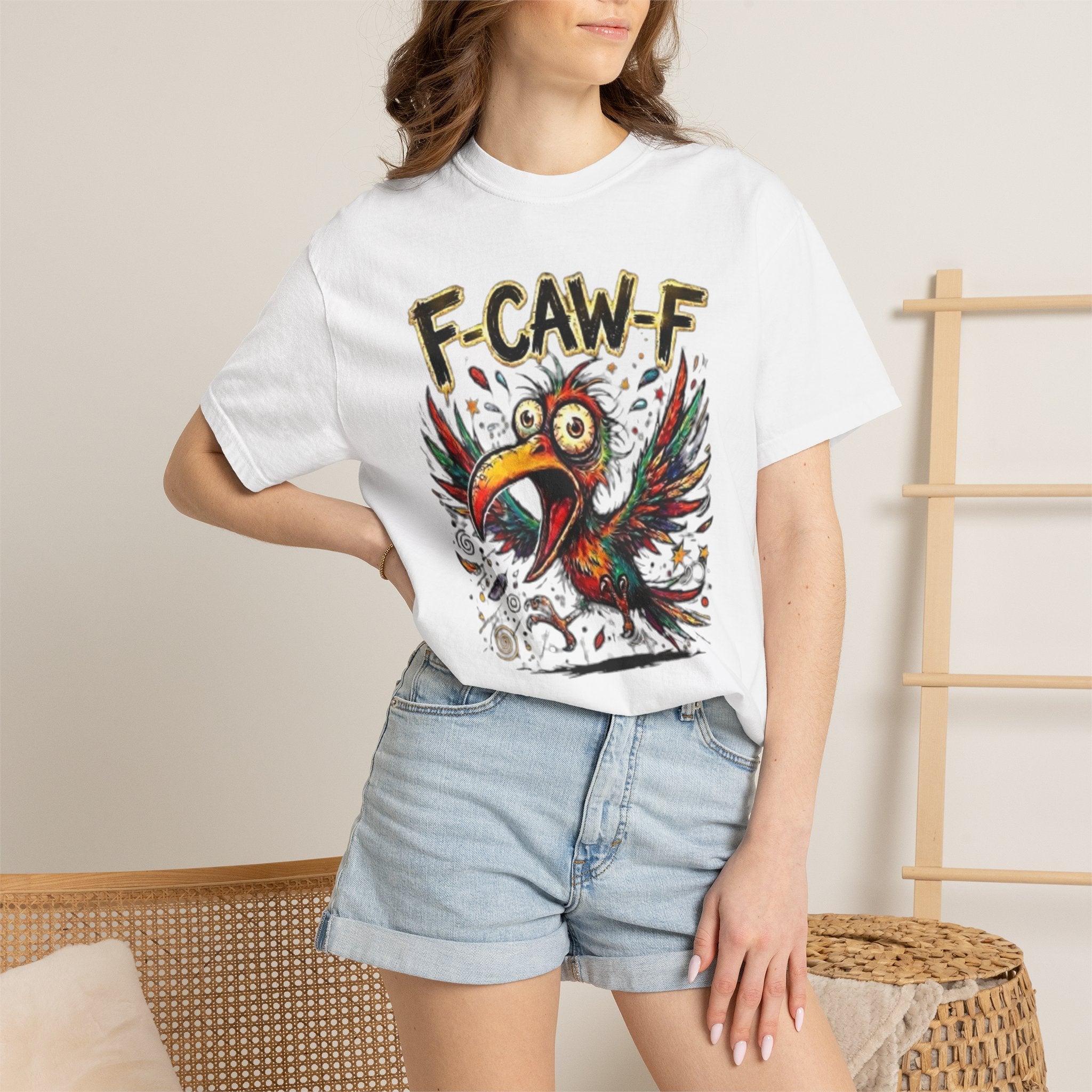 F-CAW-F Cartoon Parrot T-Shirt Colorful Tropical Bird Graphic Tee