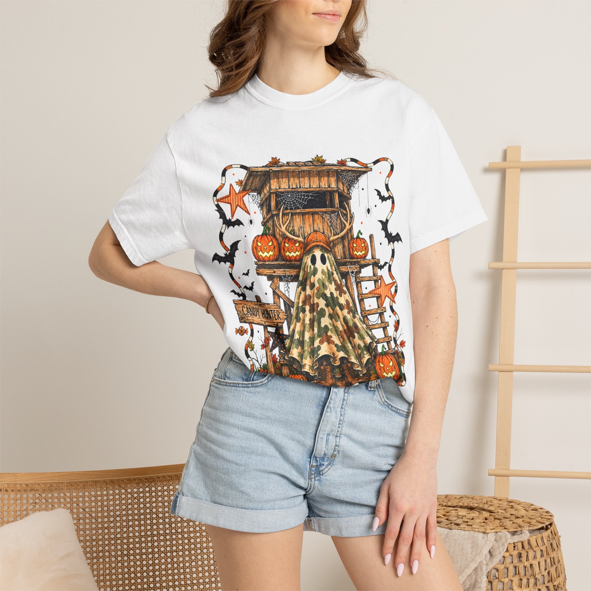 Halloween Ghost Treehouse T-Shirt Front and Back 31 October Camo Pumpkin Tee