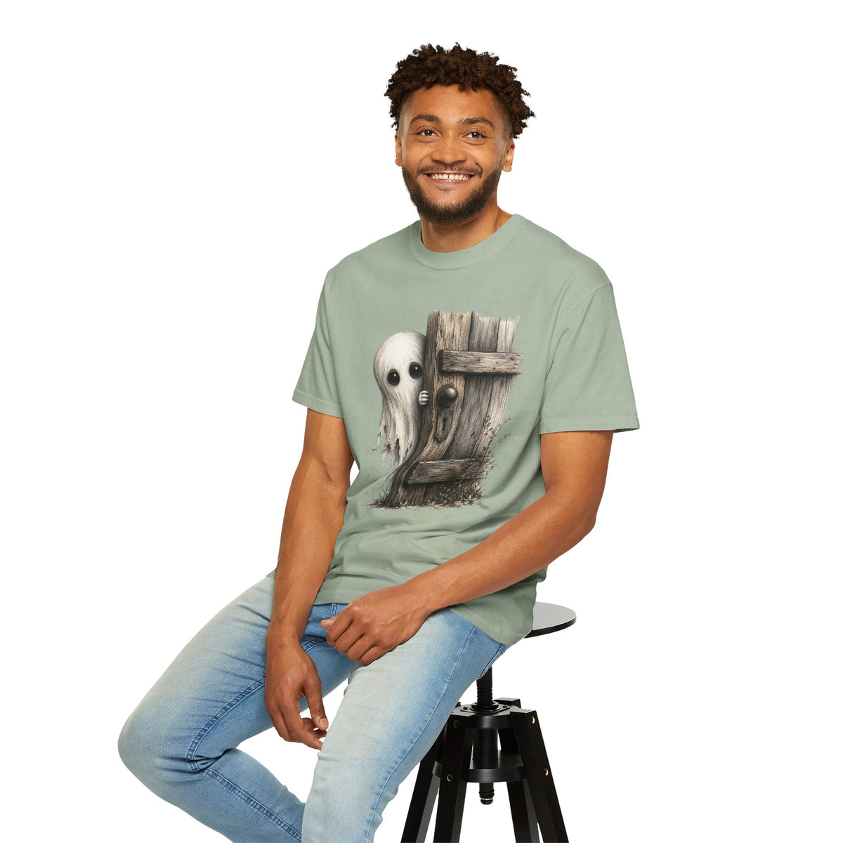 Ghost Peeking Behind Door Tee Shirt Cute Spooky Halloween Tee
