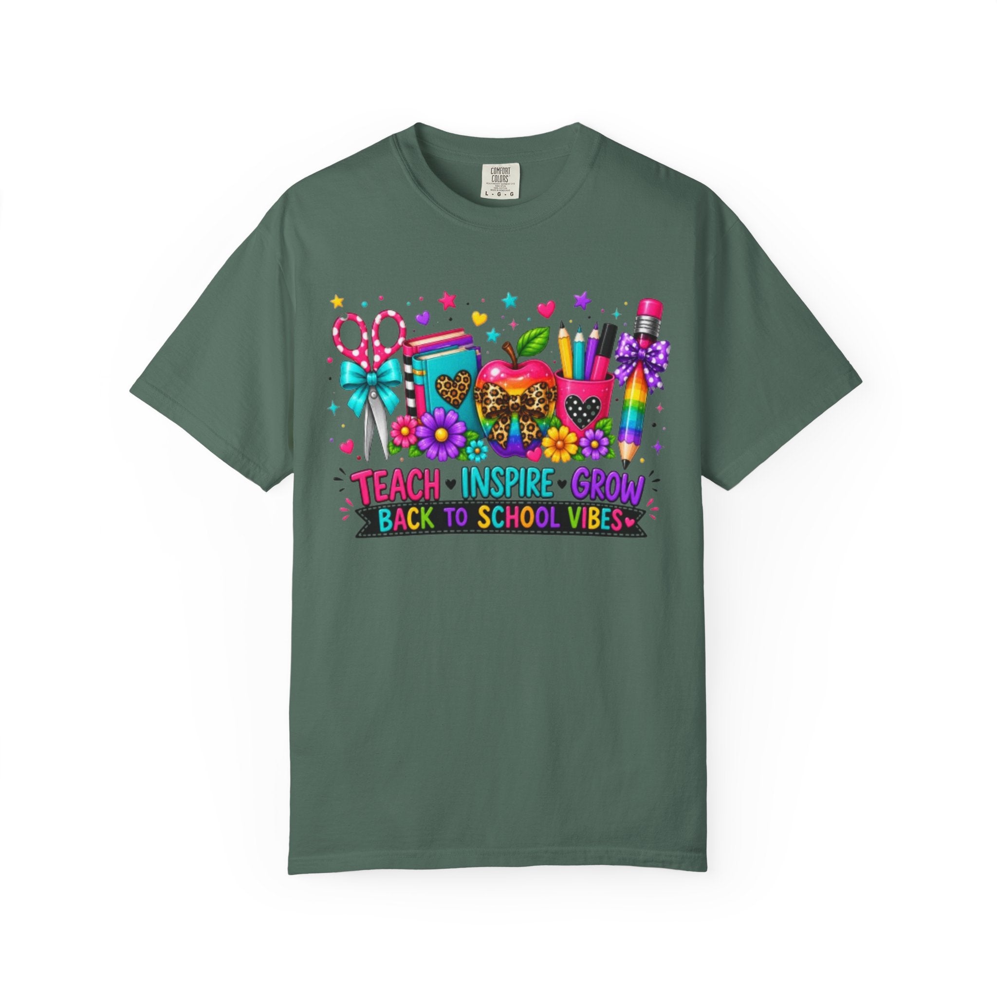 Back to School Teacher T Shirt Teach  Inspire  Grow Colorful School Supplies Tee